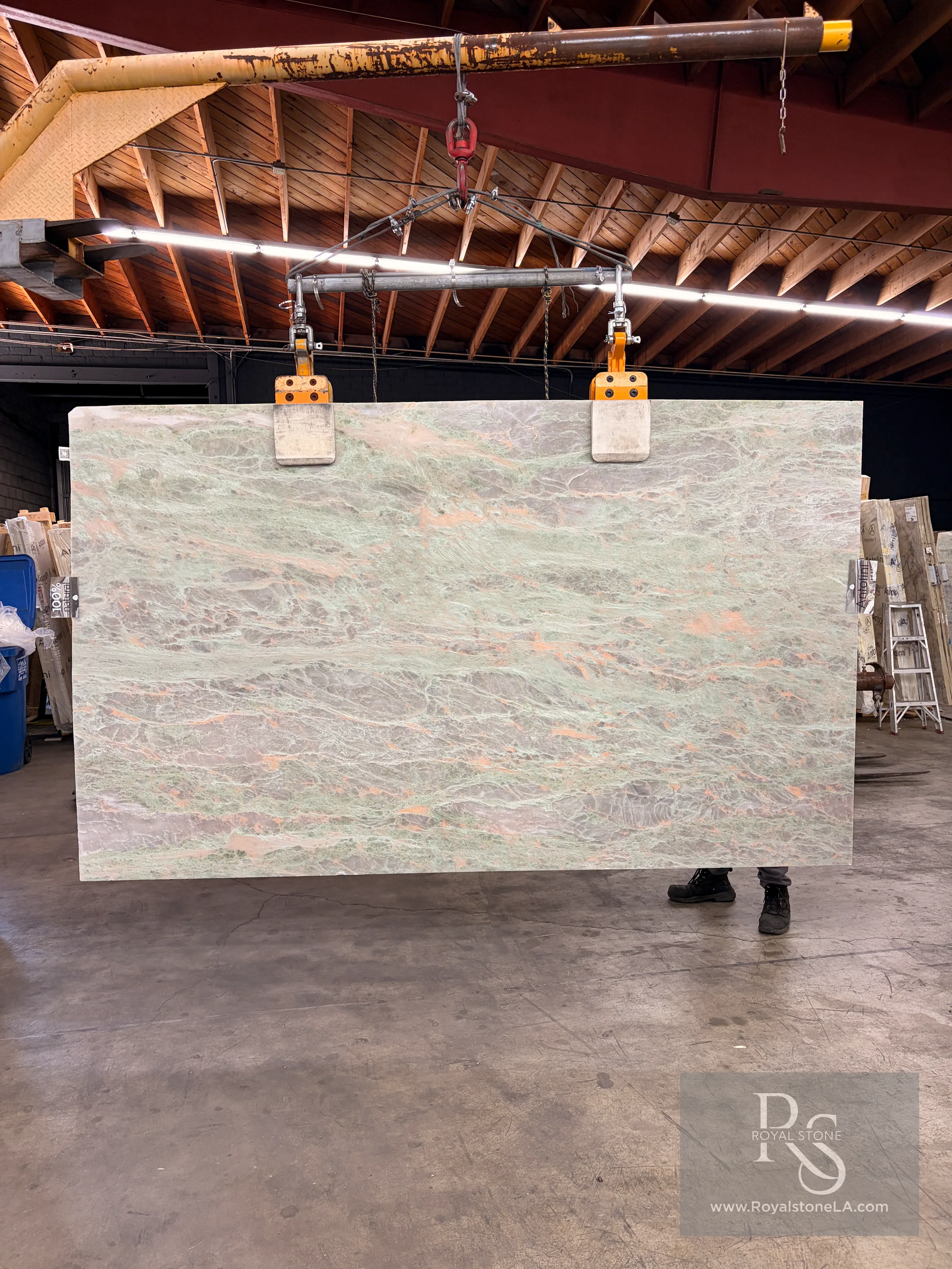 2cm Antolini Cristallo Aqua Breeze EG563 honed quartzite slab, 69 by 115 inches, photographed at the Royal Stone yard in Los Angeles