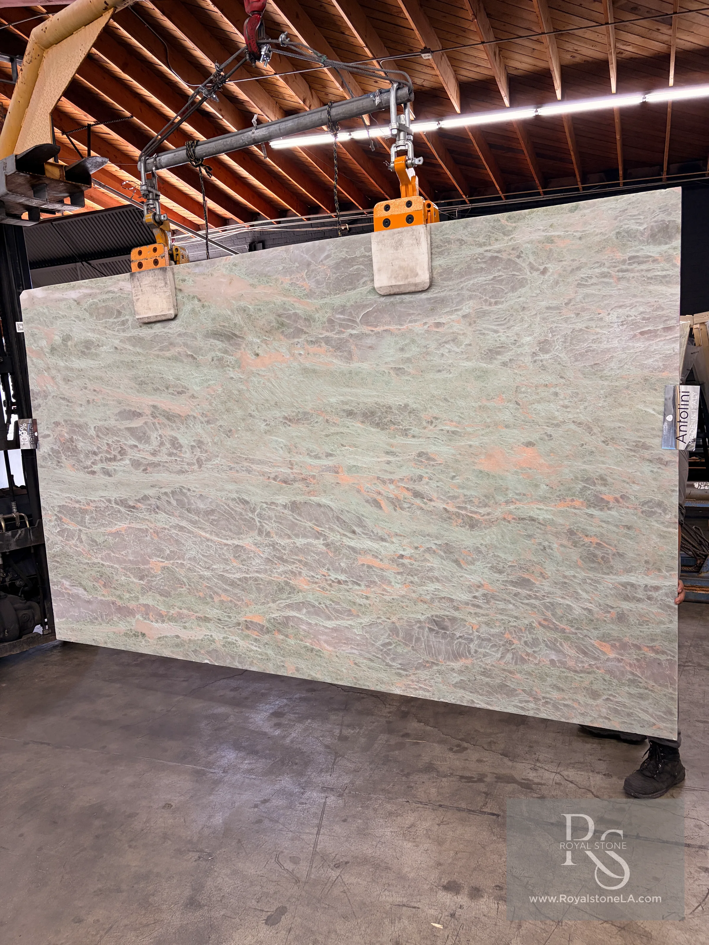 Additional view of the 2cm Antolini Cristallo Aqua Breeze EG563 honed quartzite slab at the Royal Stone yard in Los Angeles