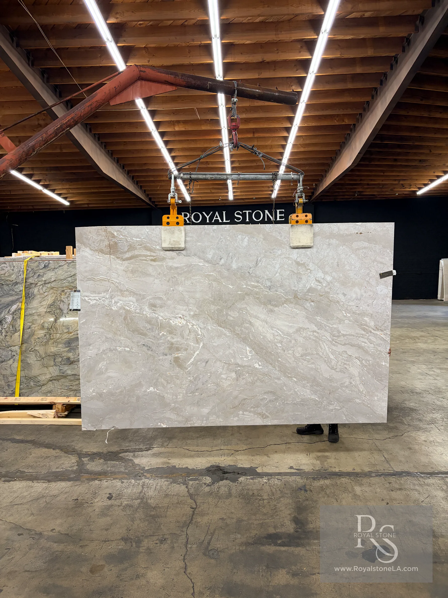 2cm Antolini Dolce Vita EF531 honed marble slab, 76 by 117 inches, with a quiet taupe-gray field and soft movement at the Royal Stone warehouse