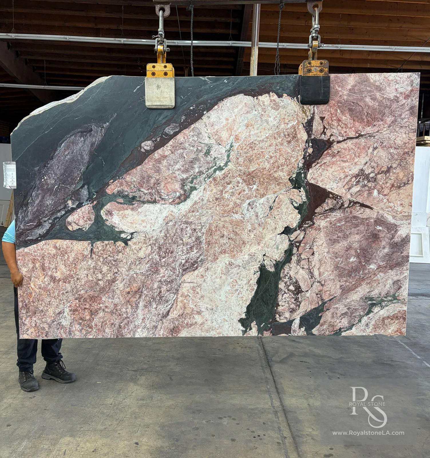 2cm Antolini Opera d’Arte Select Grade Marble slab, EE092 honed finish, 74 by 119 inches, suspended at the Royal Stone yard