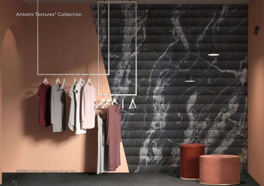 Antolini Belvedere White Vein granite in Swing Finish, deep black field with marbled white veining, retail wardrobe wall
