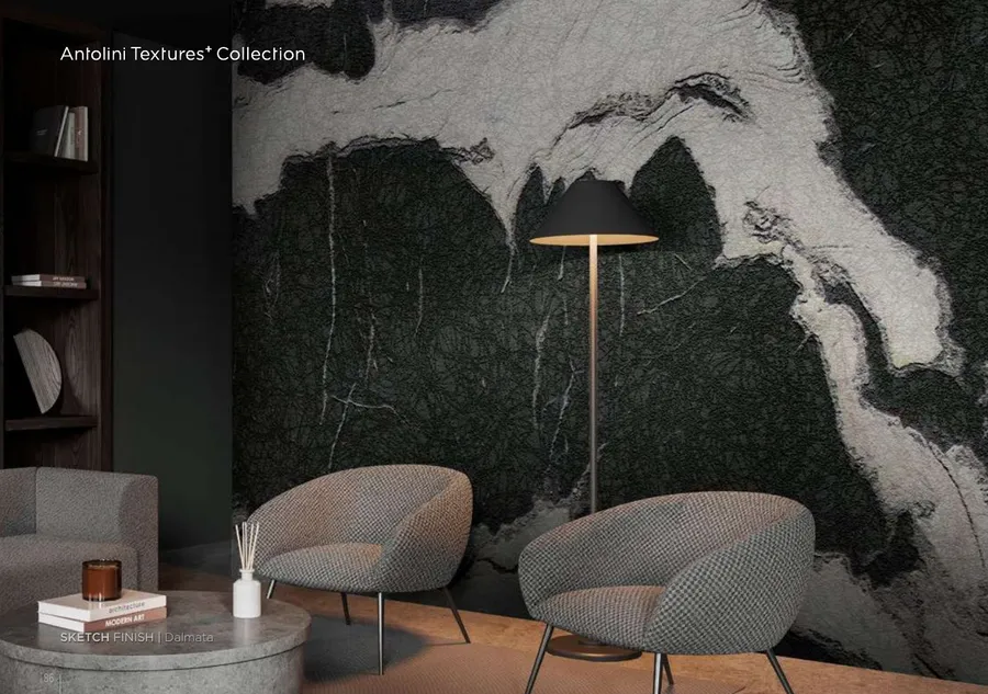 Antolini Dalmata marble in Sketch Finish, deep green-black field with white drawing-like veining