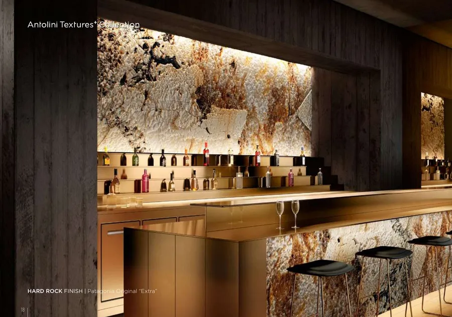 Antolini Patagonia Original Extra natural quartz in Hard Rock Finish, cream-white field with translucent quartz crystals and dark passages