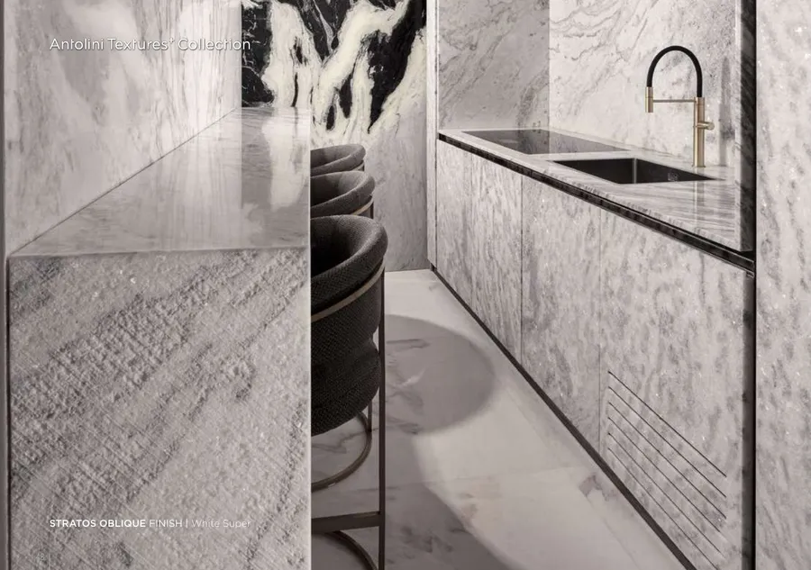 Antolini White Super marble in Stratos Oblique Finish, white ground with grey directional drift