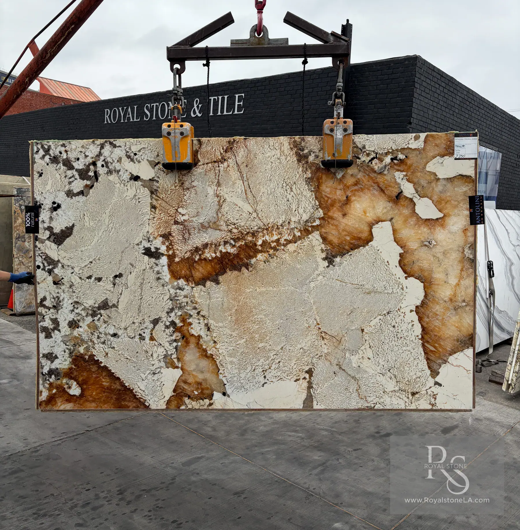 2cm Antolini Patagonia Original Unique AO683 polished quartzite slab, 75 by 121 inches — ivory and cream fragments scattered across a cool ground with amber, rust and burnt-orange veining running diagonally between them, full slab in daylight at Royal Stone