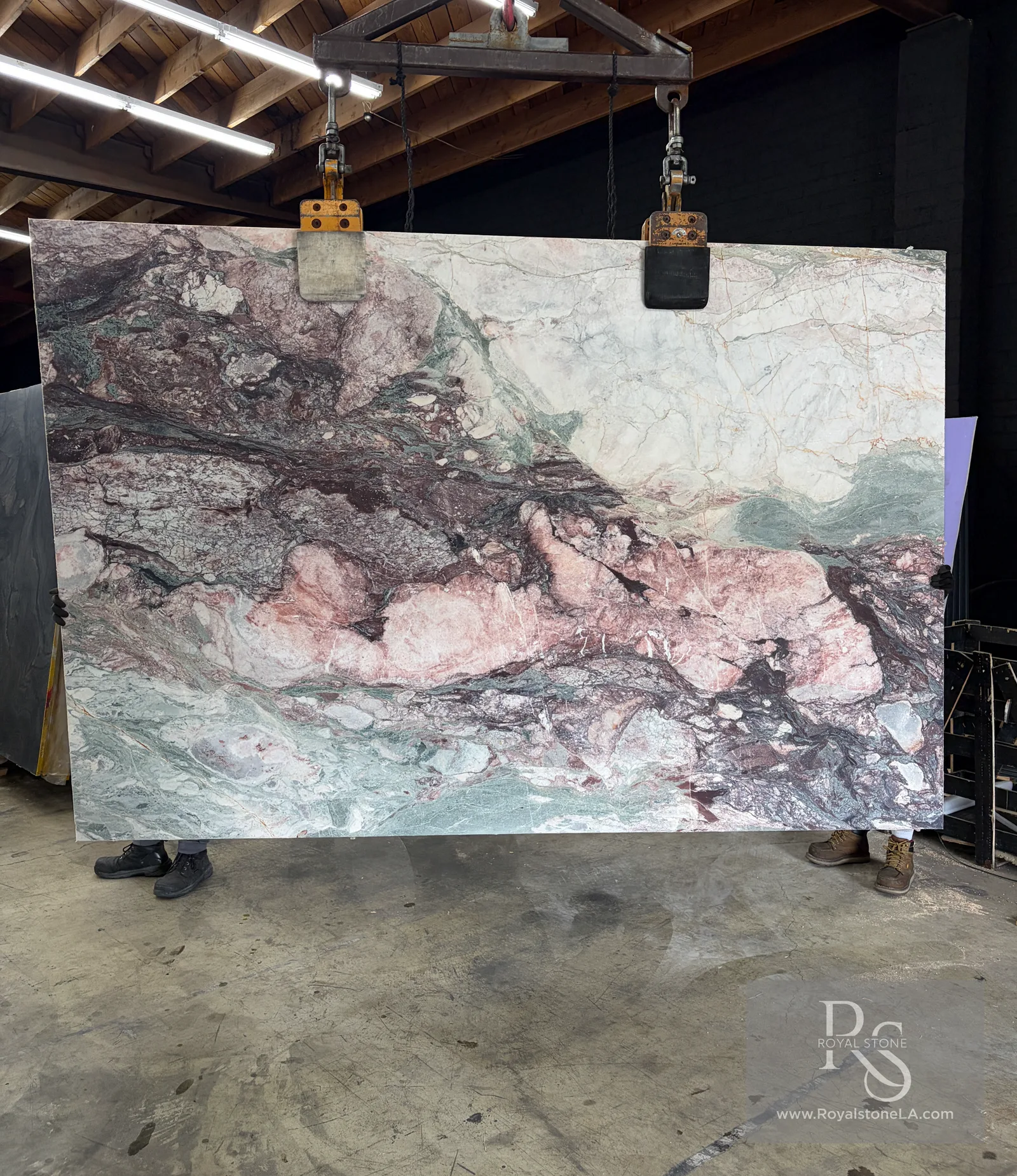 2cm Les Quatre Saisons Four Seasons honed marble slab, 79 by 117 inches — brecciated bands of ivory, blush pink, bordeaux, and sage green, full slab hung at Royal Stone Los Angeles