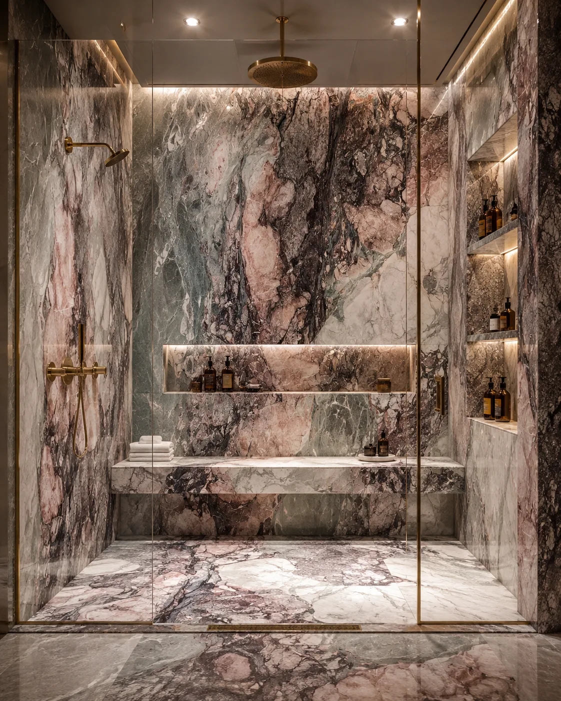 Luxury walk-in shower clad in 2cm Les Quatre Saisons Four Seasons honed marble — walls, bench, and floor in continuous brecciated slabs of blush, bordeaux, and sage green with brushed brass fittings