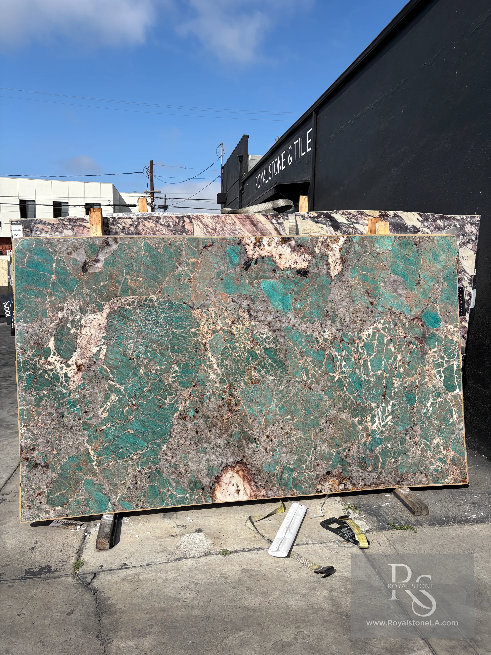 Full view of the polished Antolini Amazonite AO735 quartzite slab at the Royal Stone yard