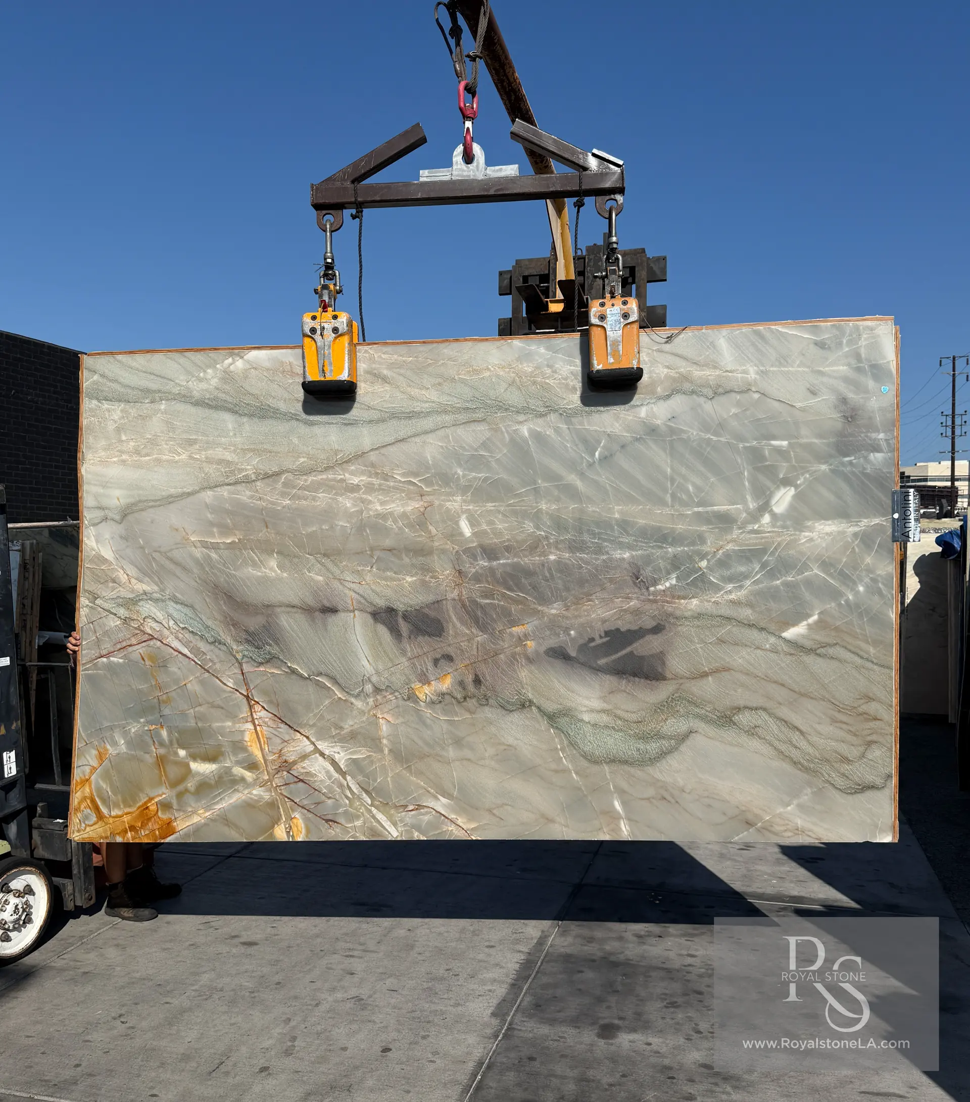 Antolini Anima YG492 Aqua Crystal quartzite slab, polished aqua-blue translucent body, 2cm, 77 by 128 inches
