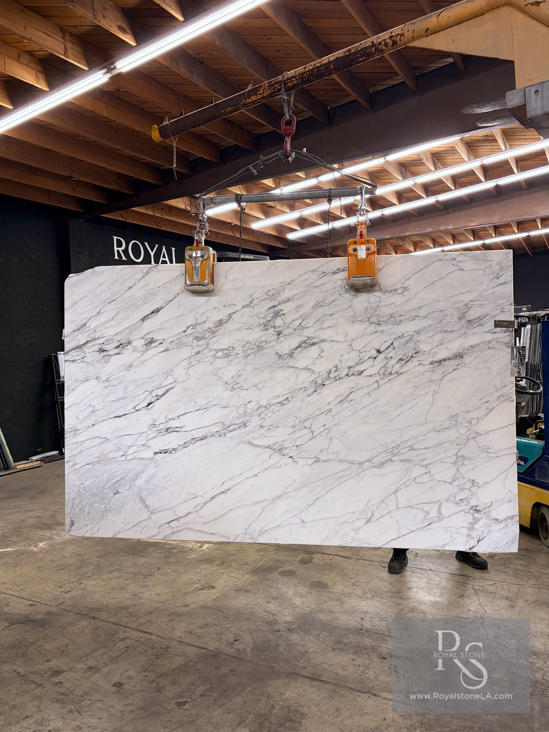 Additional view of the 2cm Antolini Calacatta Borghini Soft Vein EI292 honed marble slab, 78 by 126 inches, suspended in the Royal Stone yard