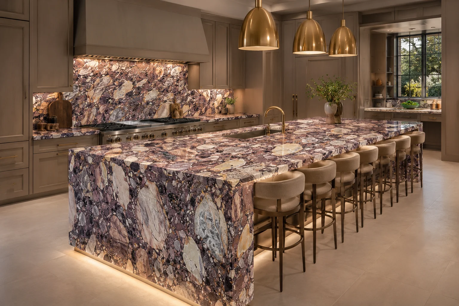 Beverly Hills kitchen concept with Calacatta Viola OMG across a waterfall island, counters and full-height backsplash
