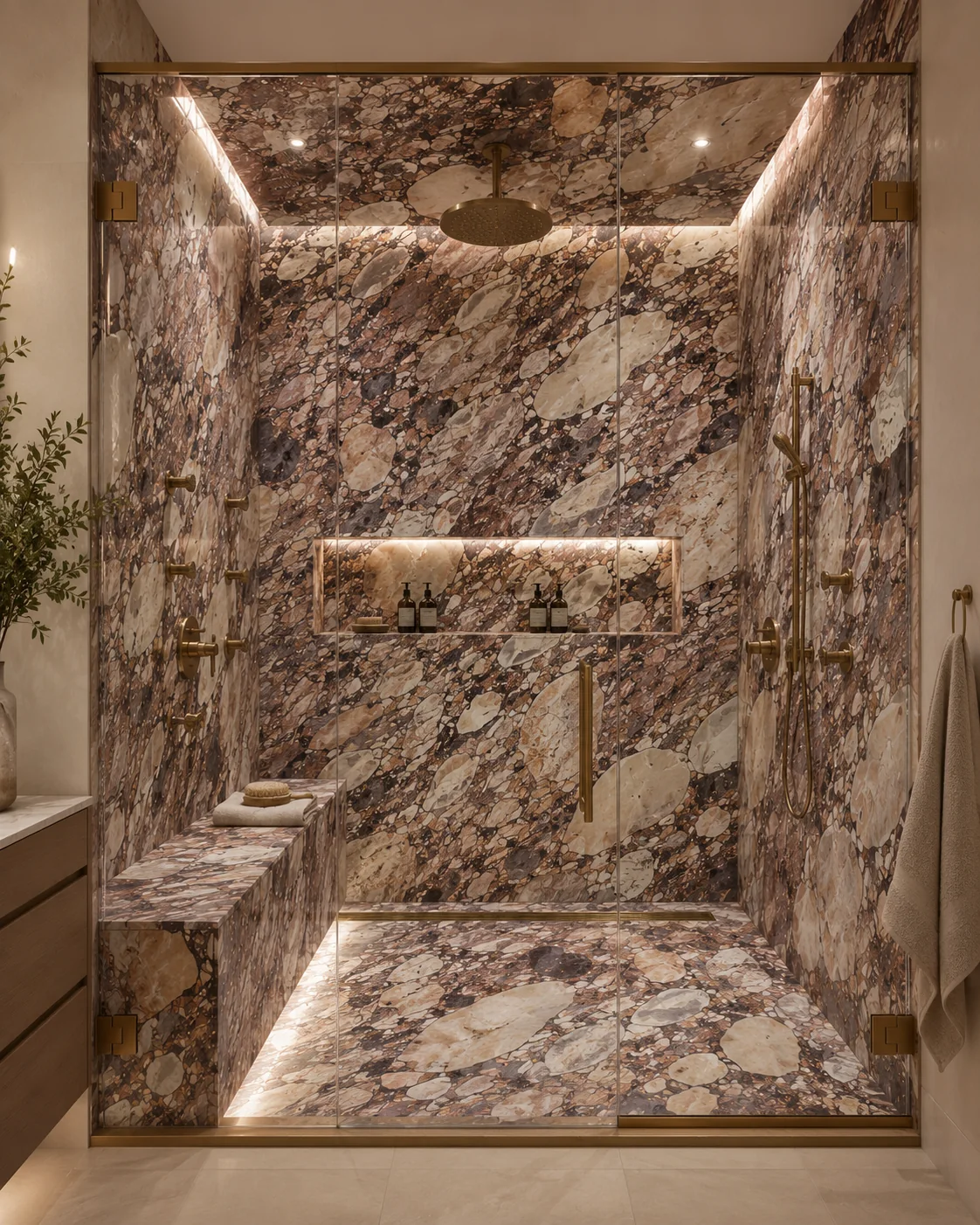 Beverly Hills primary shower concept wrapped in Calacatta Viola OMG marble with warm brass fixtures