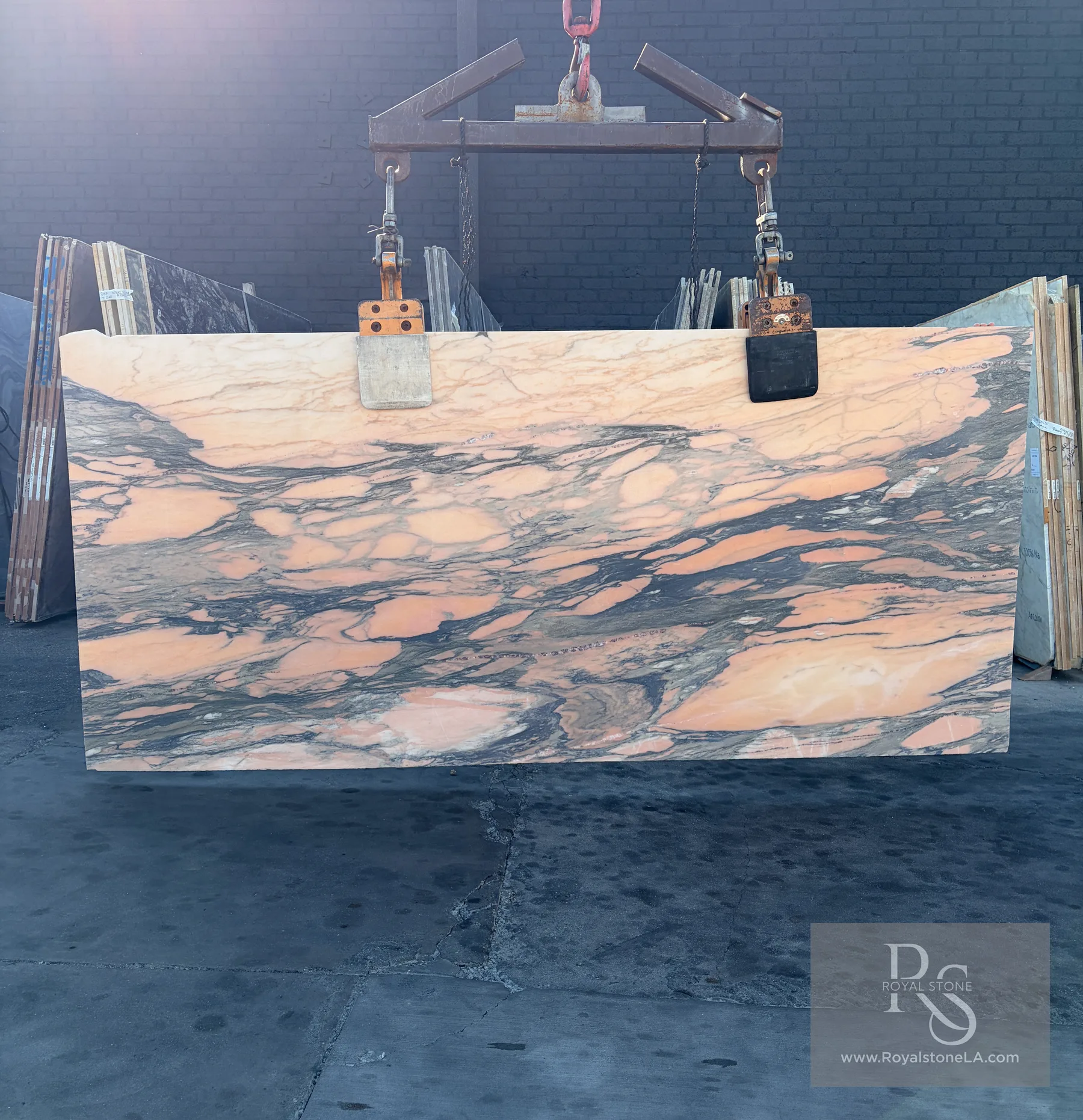 Additional view of the 2cm Antolini Calacatta Viola Rosenoir DX488 Paonazzo honed marble slab, 53 by 115 inches, lifted at the Royal Stone yard with a peach-pink field and storm-gray and black veining