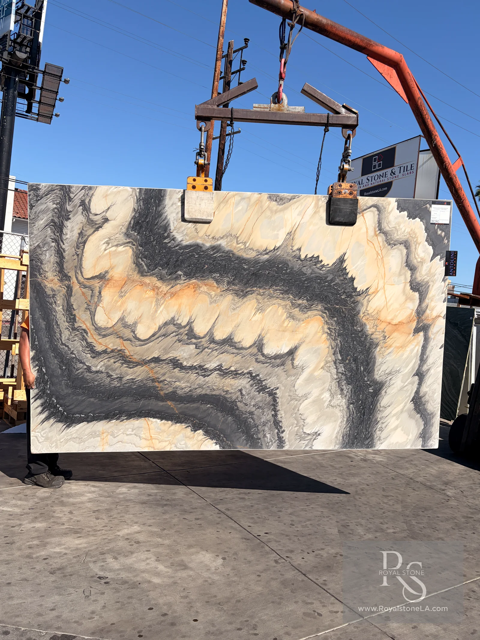 2cm Antolini Cipollino Greywave AO895 marble slab in leather finish, 78 by 125 inches, photographed at Royal Stone in Los Angeles