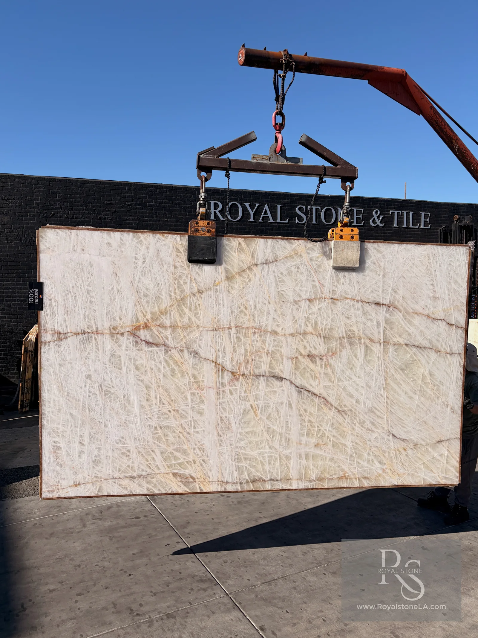 2cm Antolini Cristallo Rutile polished quartzite slab, 75 by 129 inches, lifted at the Royal Stone yard in Los Angeles