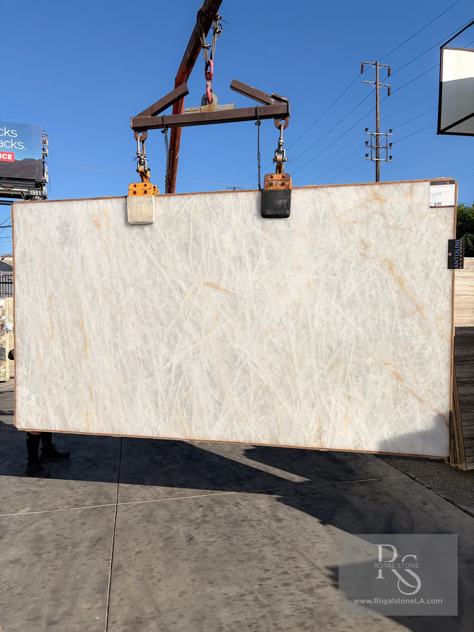 2cm Antolini Cristallo Traslux Top EF264 polished quartzite slab, 74 by 134 inches, lifted at the Royal Stone yard