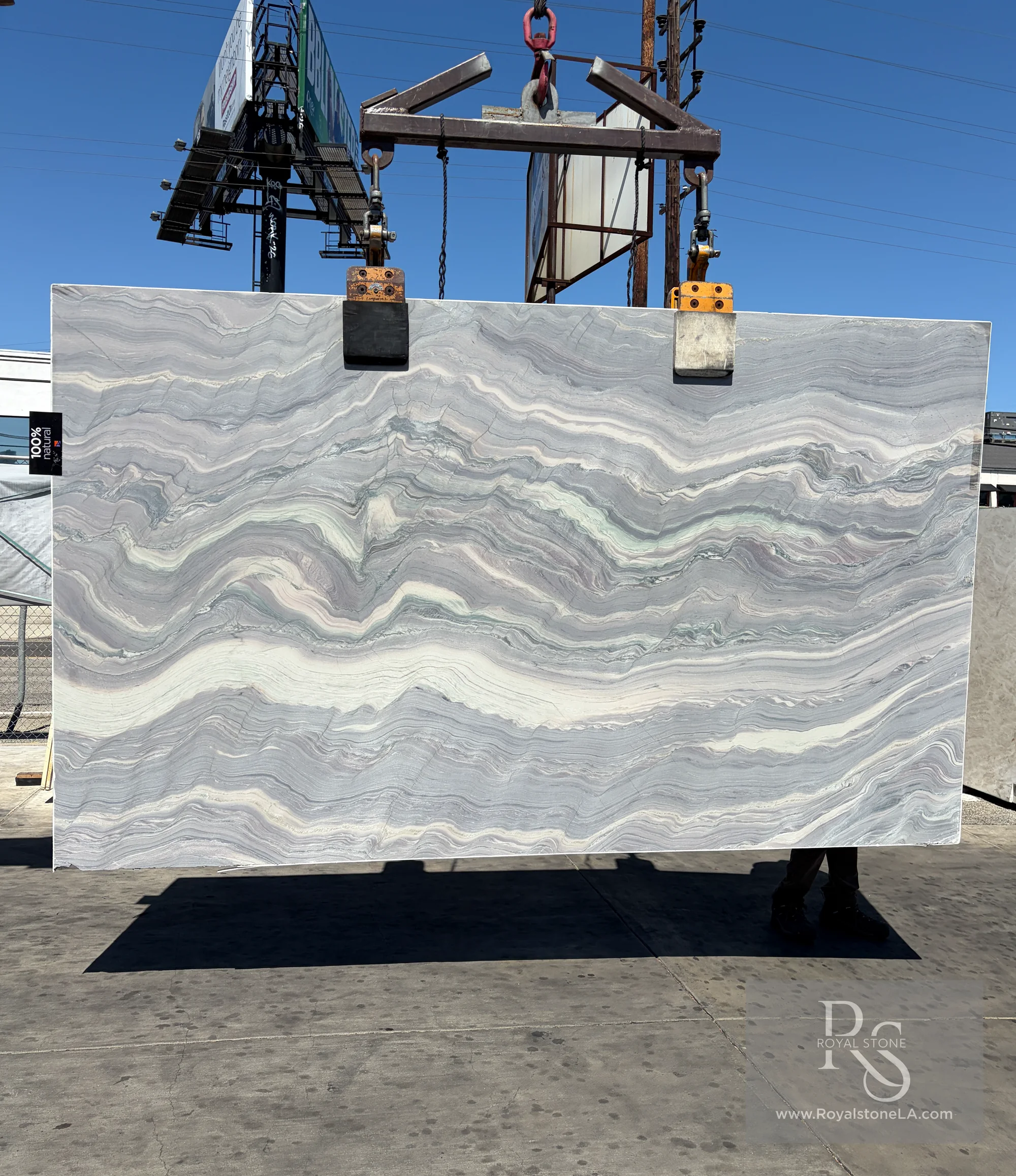 2cm Antolini Explosion Blue EF546 honed quartzite slab, 75 by 126 inches, with layered silver-blue, cream, and pale green movement