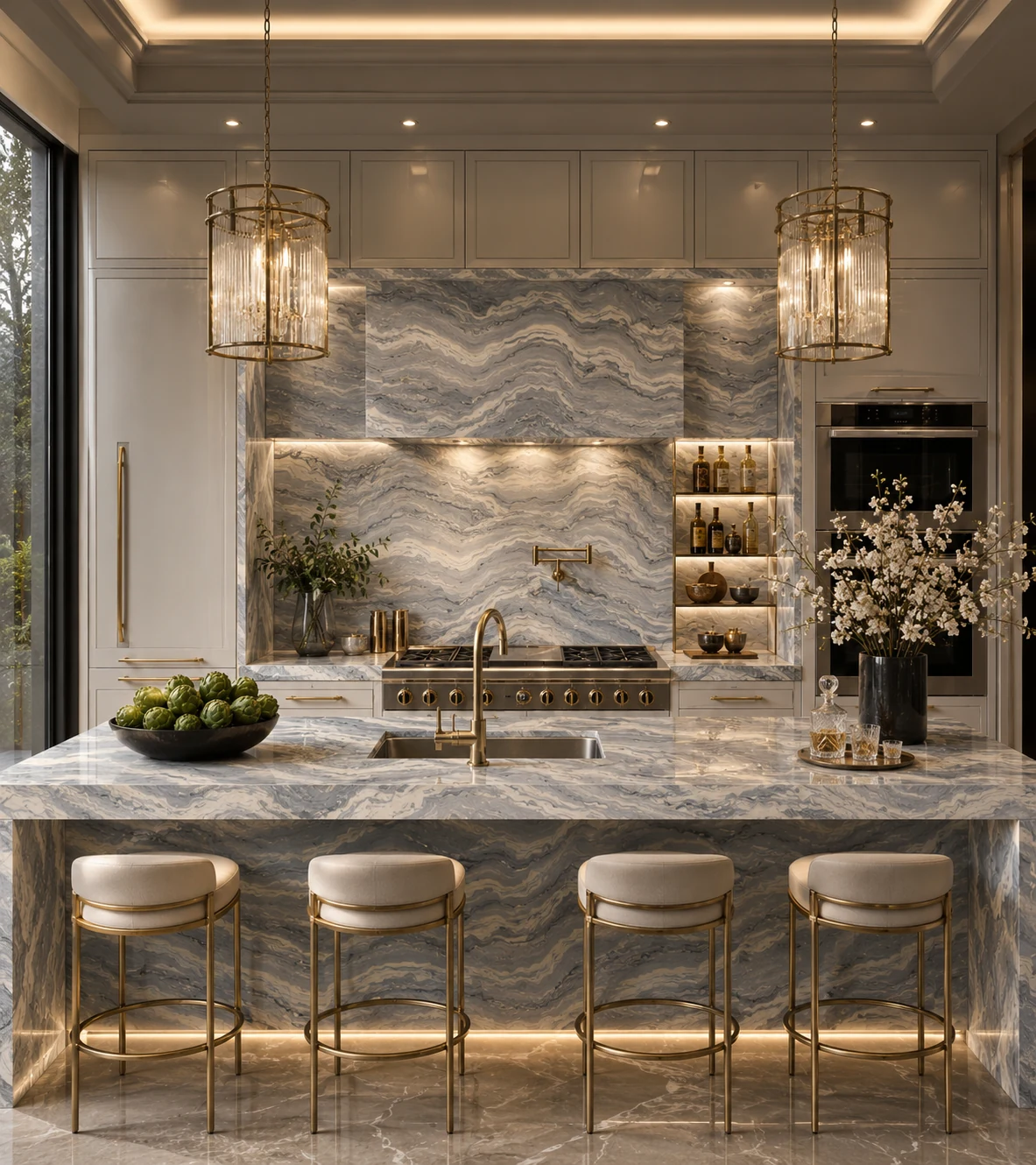 Kitchen rendering with Antolini Explosion Blue EF546 quartzite installed across the waterfall island, countertops, range backsplash, and integrated shelving in a warm cream and brass interior