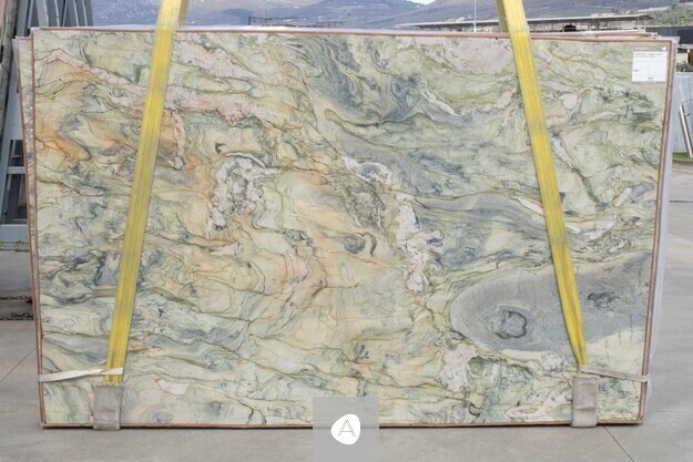Antolini Fusion WOW Original Light quartzite slab with painterly gold, jade, and cream swirl, polished finish