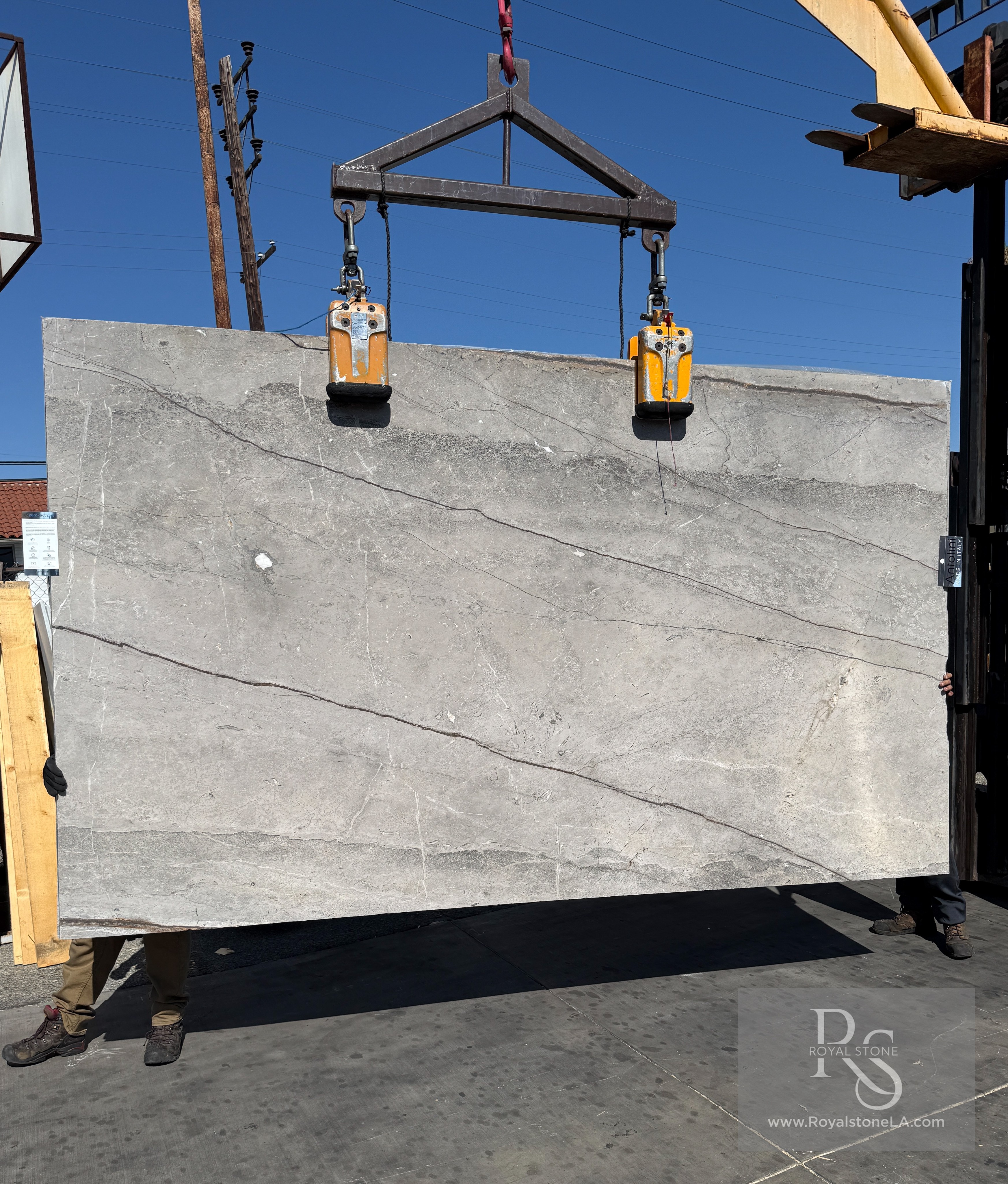 2cm Antolini Jurassic Grey Silver Roots honed marble slab, 77 by 129 inches, lifted by crane at the Royal Stone yard in Los Angeles