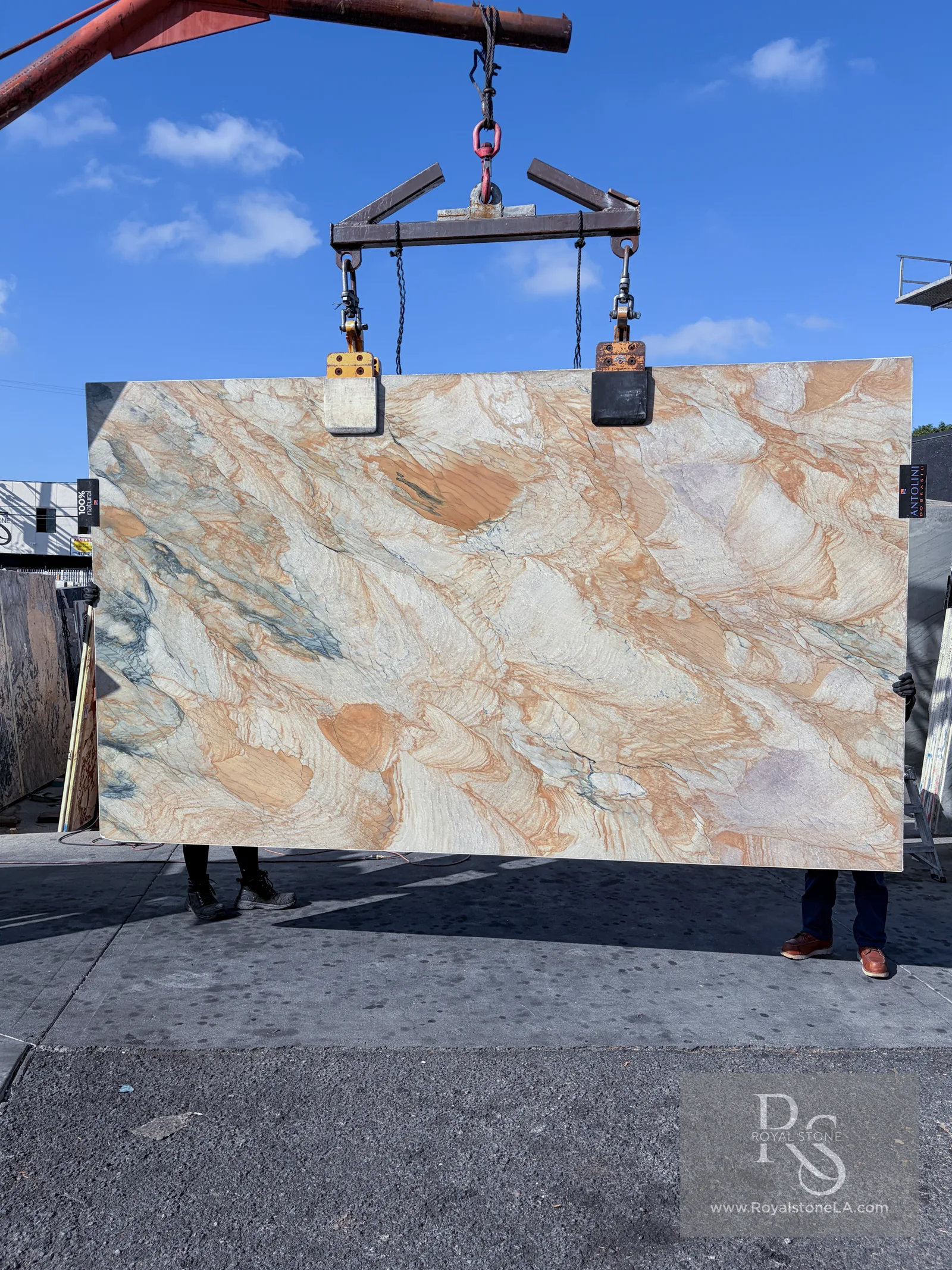 2cm Antolini Mistral Creme AO892 polished quartzite slab, 76 by 129 inches, lifted from a new container at the Royal Stone yard in Los Angeles