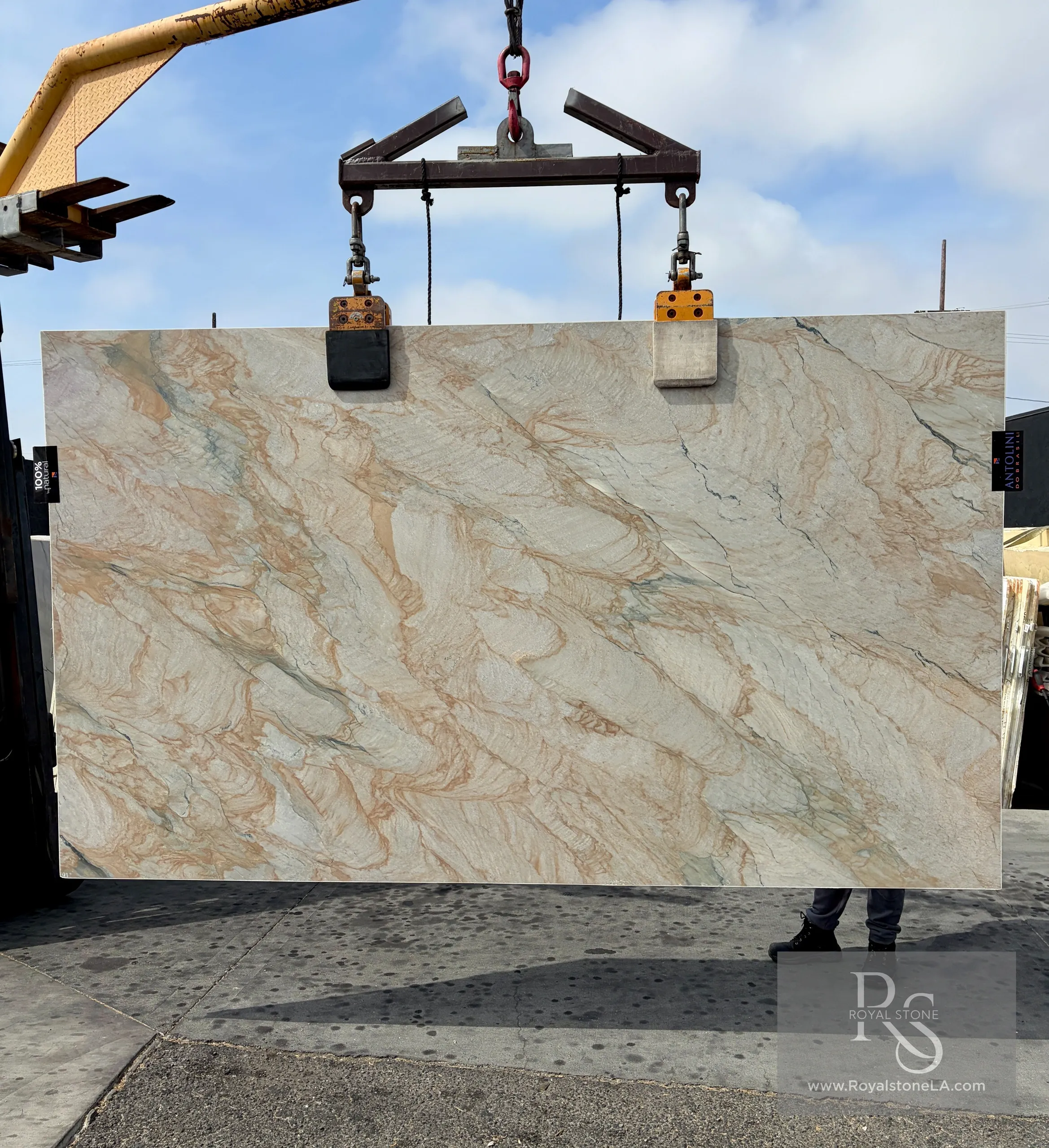 2cm Antolini Mistral Warm Quartzite AO892 honed finish slab, 77 inches by 129 inches, showing warm ivory, beige, taupe and caramel veining with grey-blue mineral accents