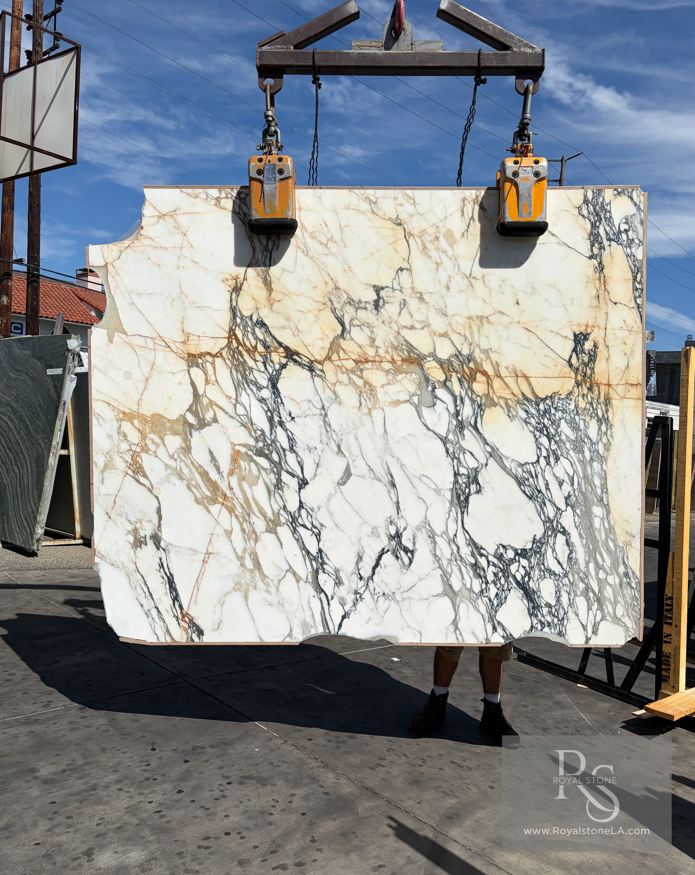 2cm Antolini Paonazzo Antico YG418 honed marble slab, 77 by 88 inches, with a white field, charcoal veining, and warm gold-rust movement at the Royal Stone yard in Los Angeles