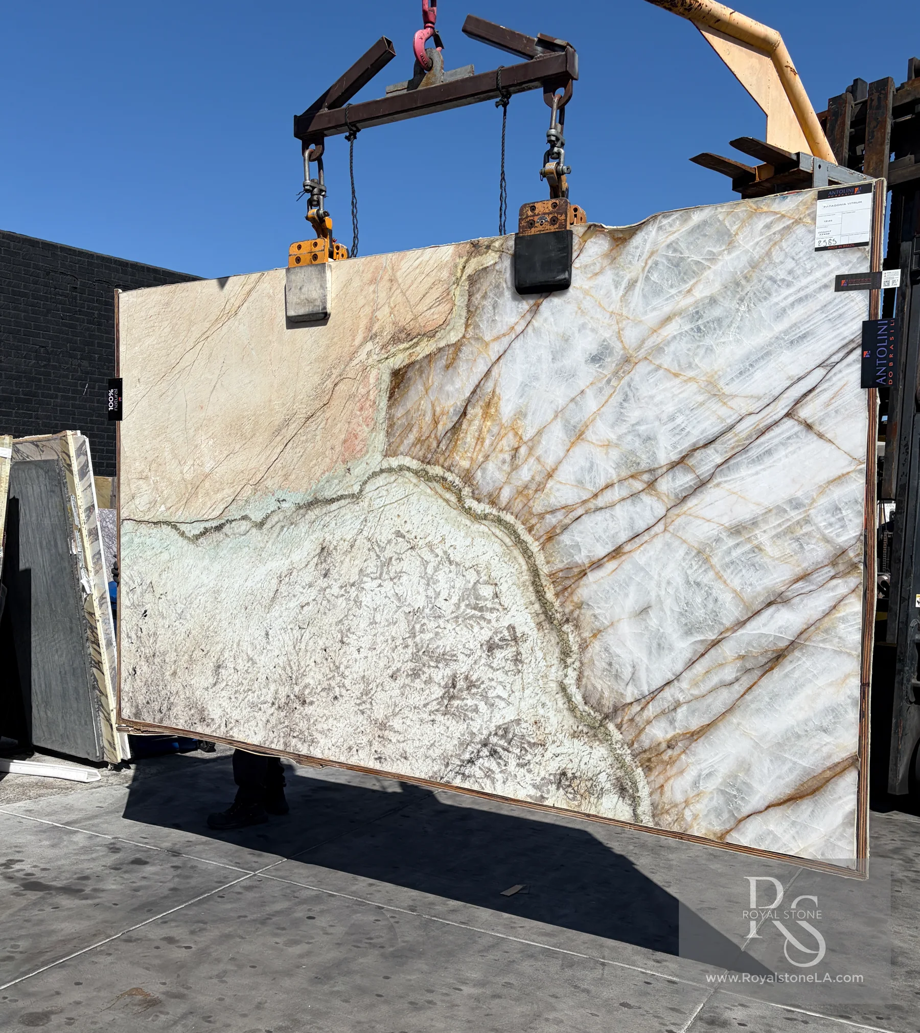 Patagonia Vitrum Select ZZ458 polished quartzite slab lifted in the Royal Stone yard in Los Angeles