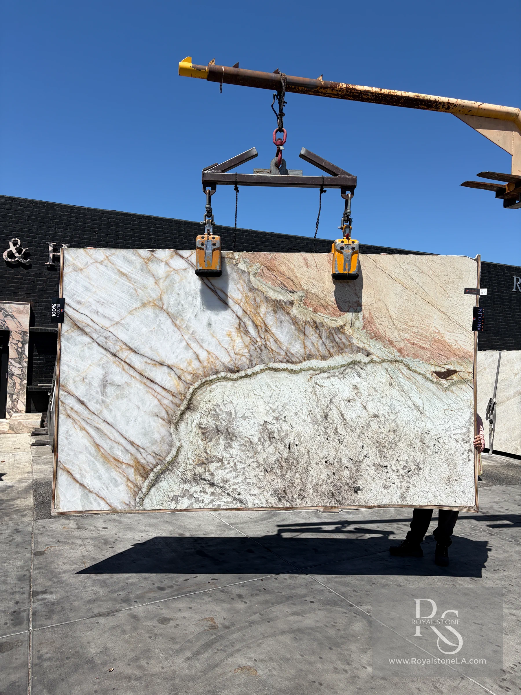 2cm Antolini Patagonia Vitrum Select ZZ458 polished quartzite slab, 80 by 131 inches, with warm ivory, pale mineral green, clear white crystal, amber, and graphite movement