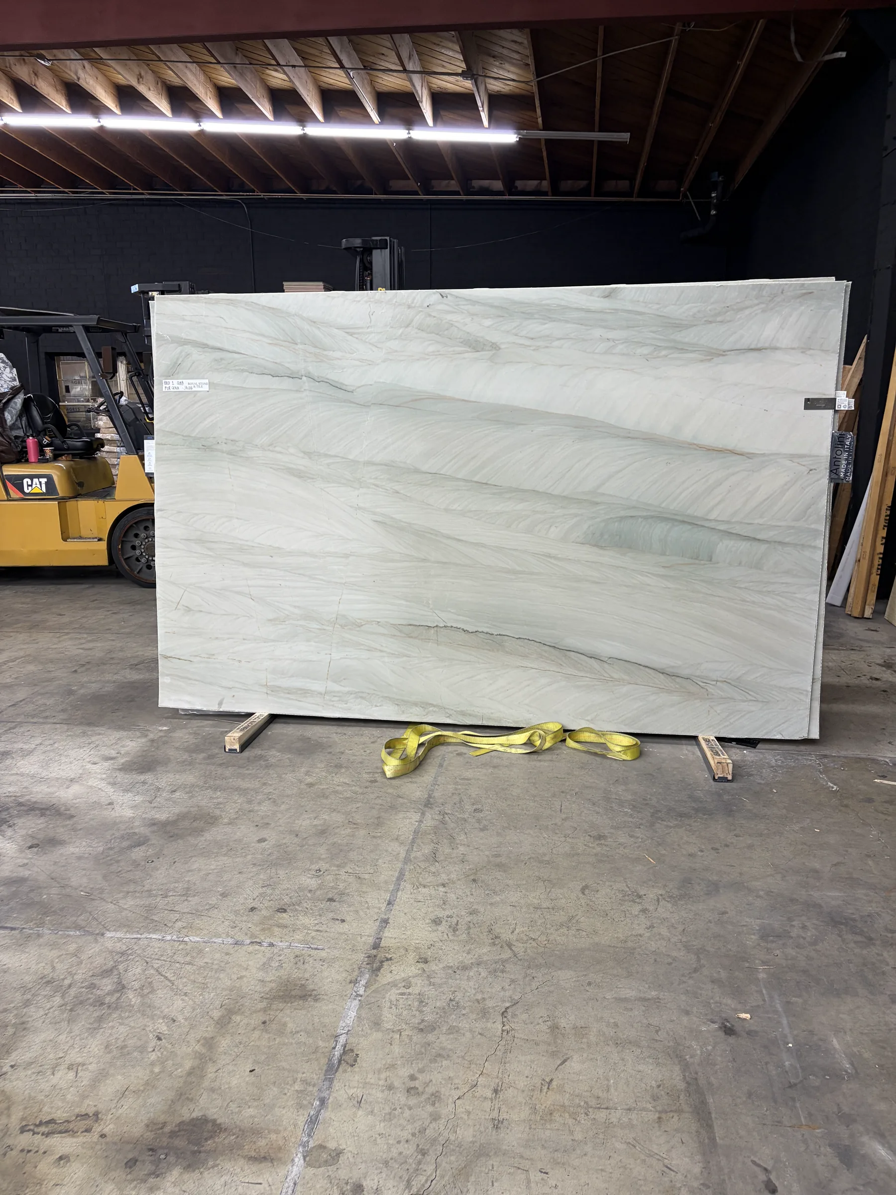 Additional view of the 2cm Antolini Sage Light Green EF349 honed quartzite slab at the Royal Stone yard in Los Angeles, showing its pale green field and fine gray veining