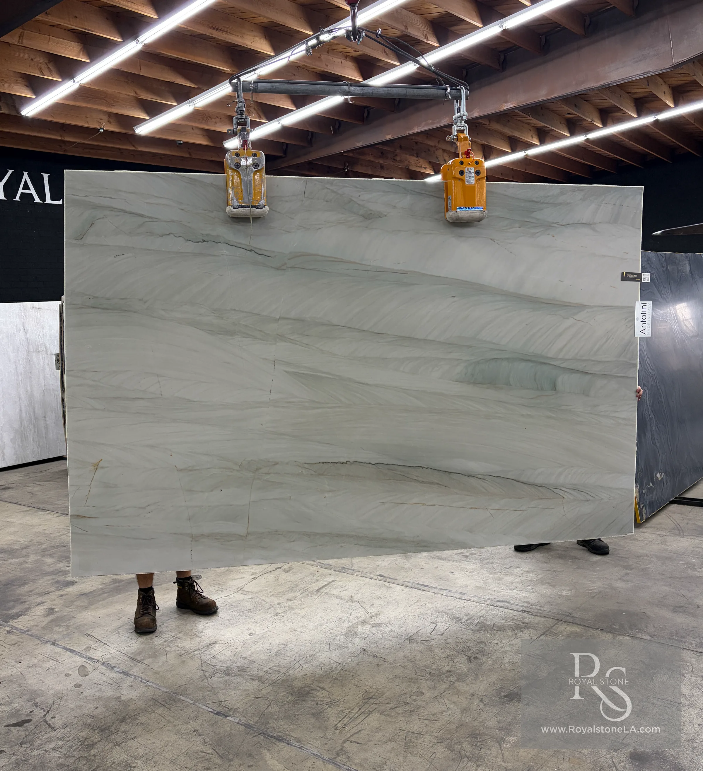 Antolini Quartzite Sage Light Green EF349 honed slab, 78 by 123 inches, at the Royal Stone yard in Los Angeles