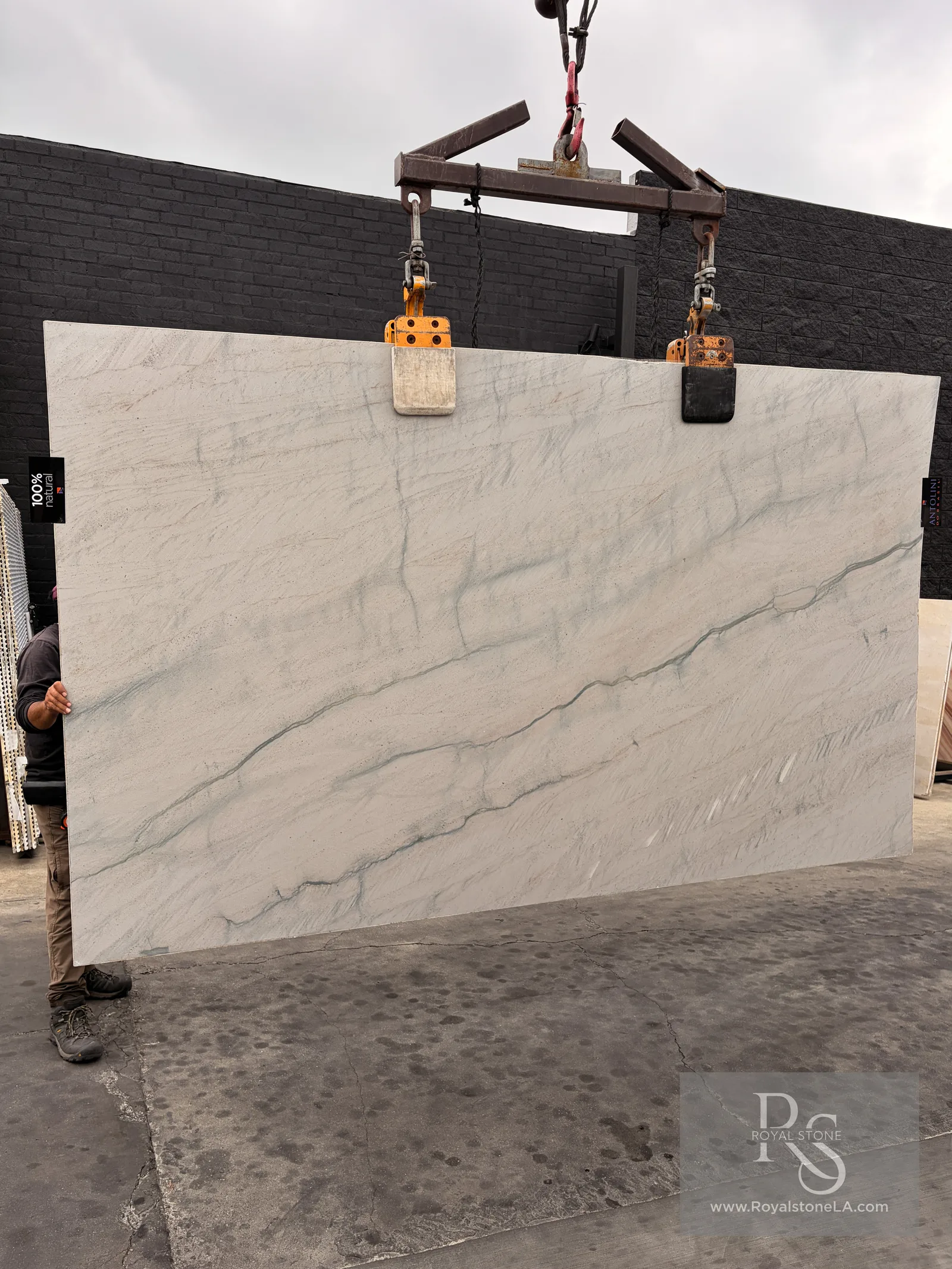 2cm Antolini Skyblue Quartzite slab, lot EF272, honed finish, about 79 by 130 inches, white with blue-grey veins, lifted at the Royal Stone yard in Los Angeles
