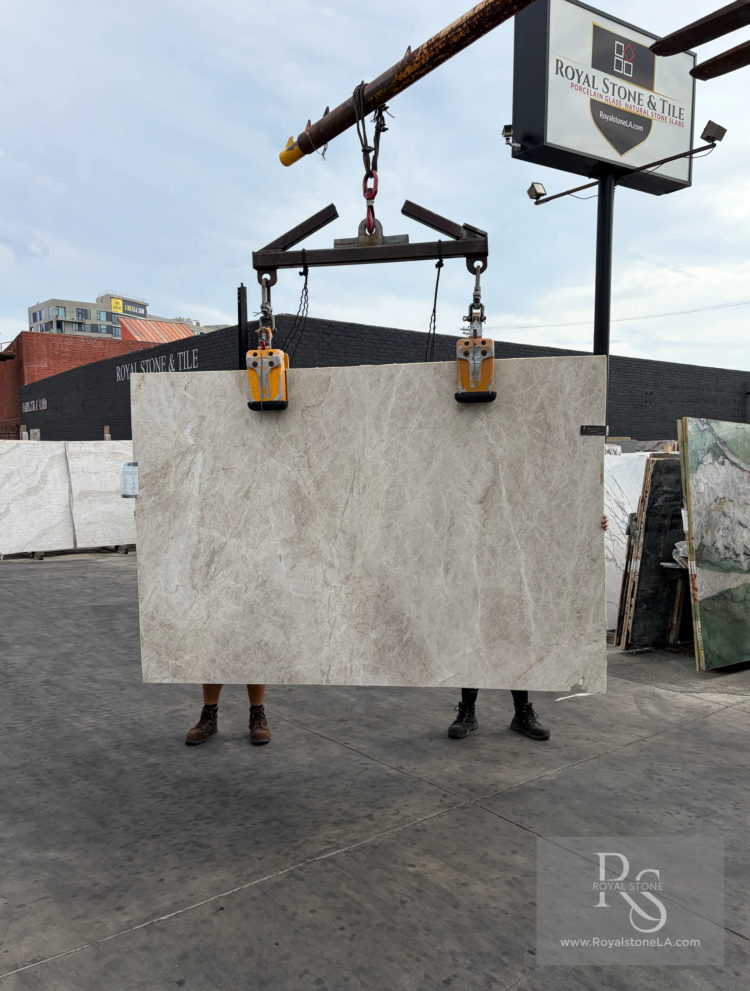 Antolini EF349 Taj Mahal Select quartzite slab with honed finish, 68 by 100 inches, at the Royal Stone yard in Los Angeles