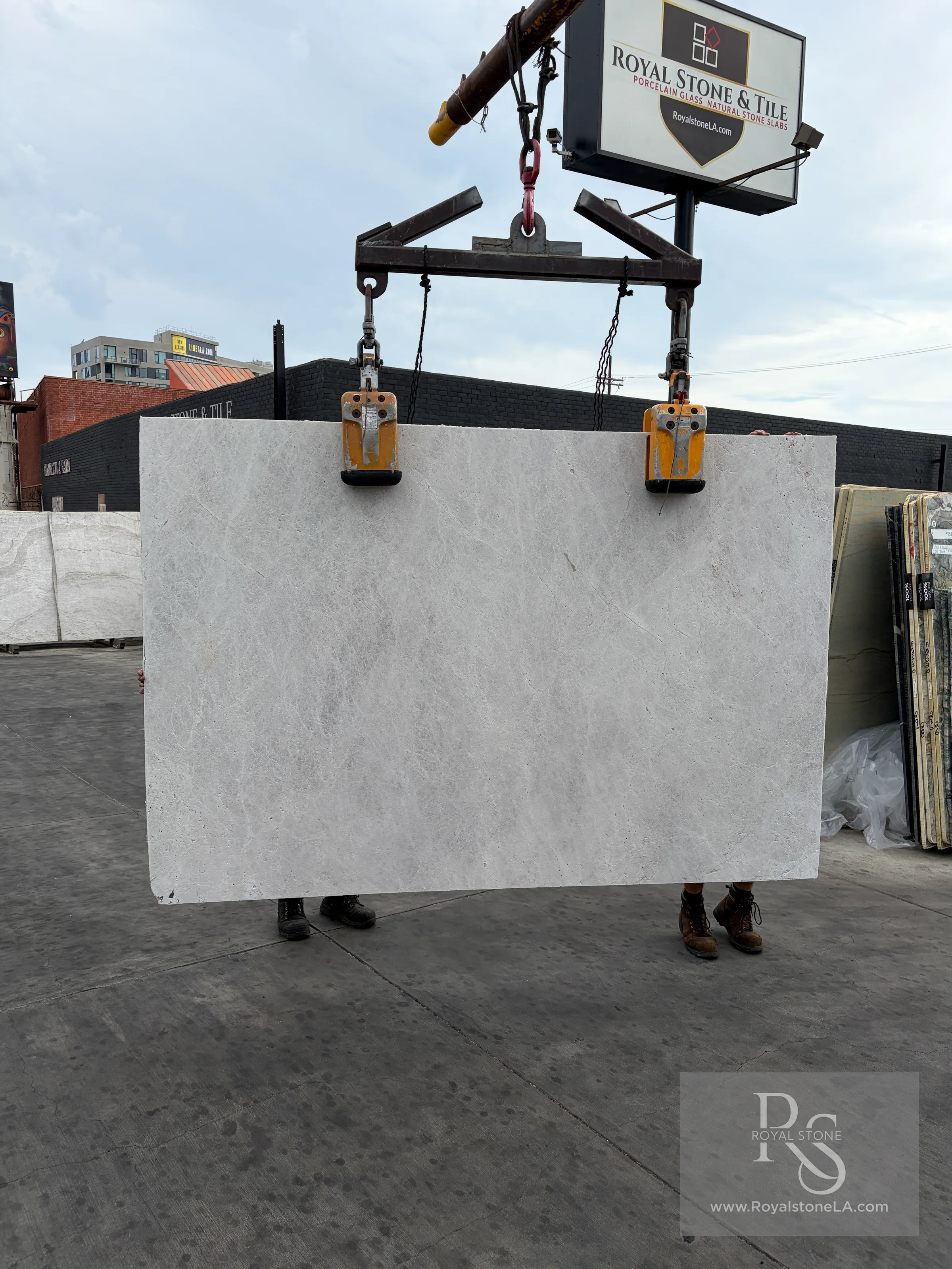 Antolini Taj Mahal quartzite slab with Riven Texture finish, 68 by 100 inches, at the Royal Stone yard in Los Angeles