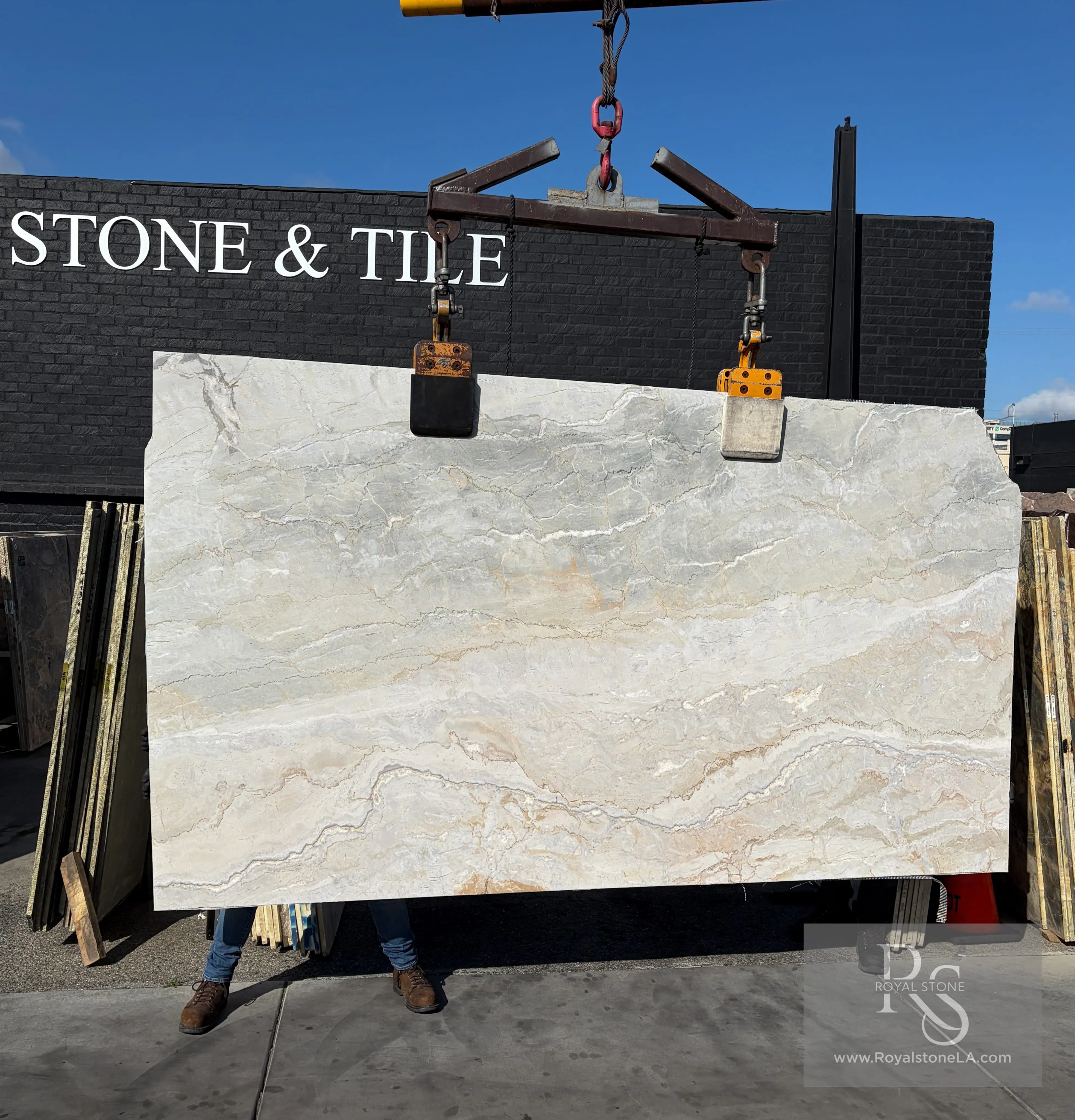 Austral Dream Dolce Vita Paolo leathered natural slab with ivory ground and soft grey-amber currents at Royal Stone Los Angeles