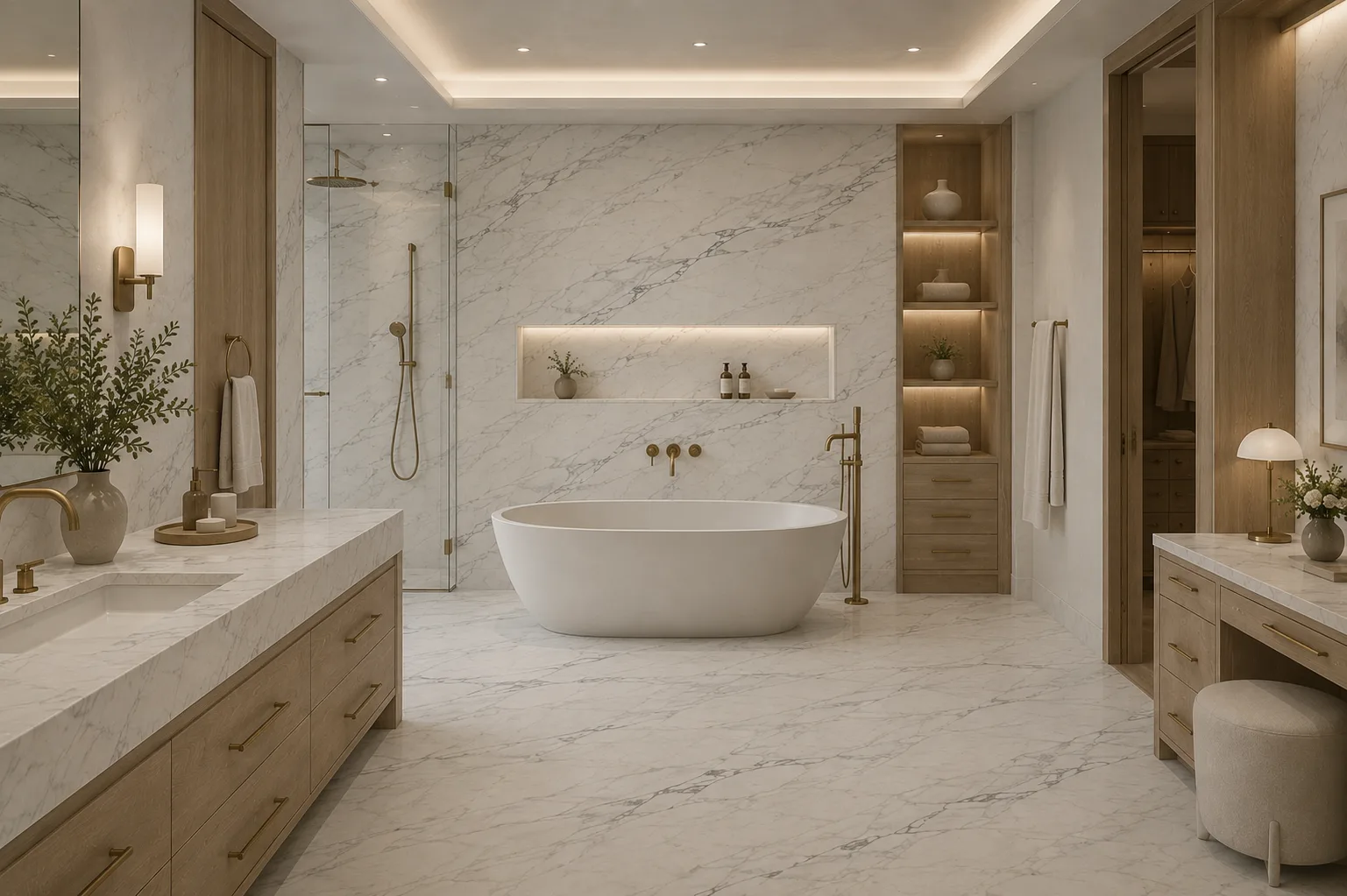 Installation render of a full-height Calacatta Borghini Soft Vein primary bath with marble slab walls, floor, vanity tops, and shower surround in soft painterly veining