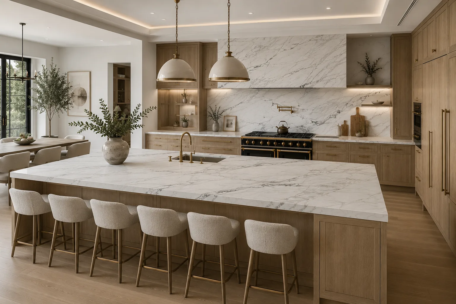 Installation render of a long honed Calacatta Borghini Soft Vein kitchen island running as a single luminous plane beside warm oak cabinetry and a matching backsplash