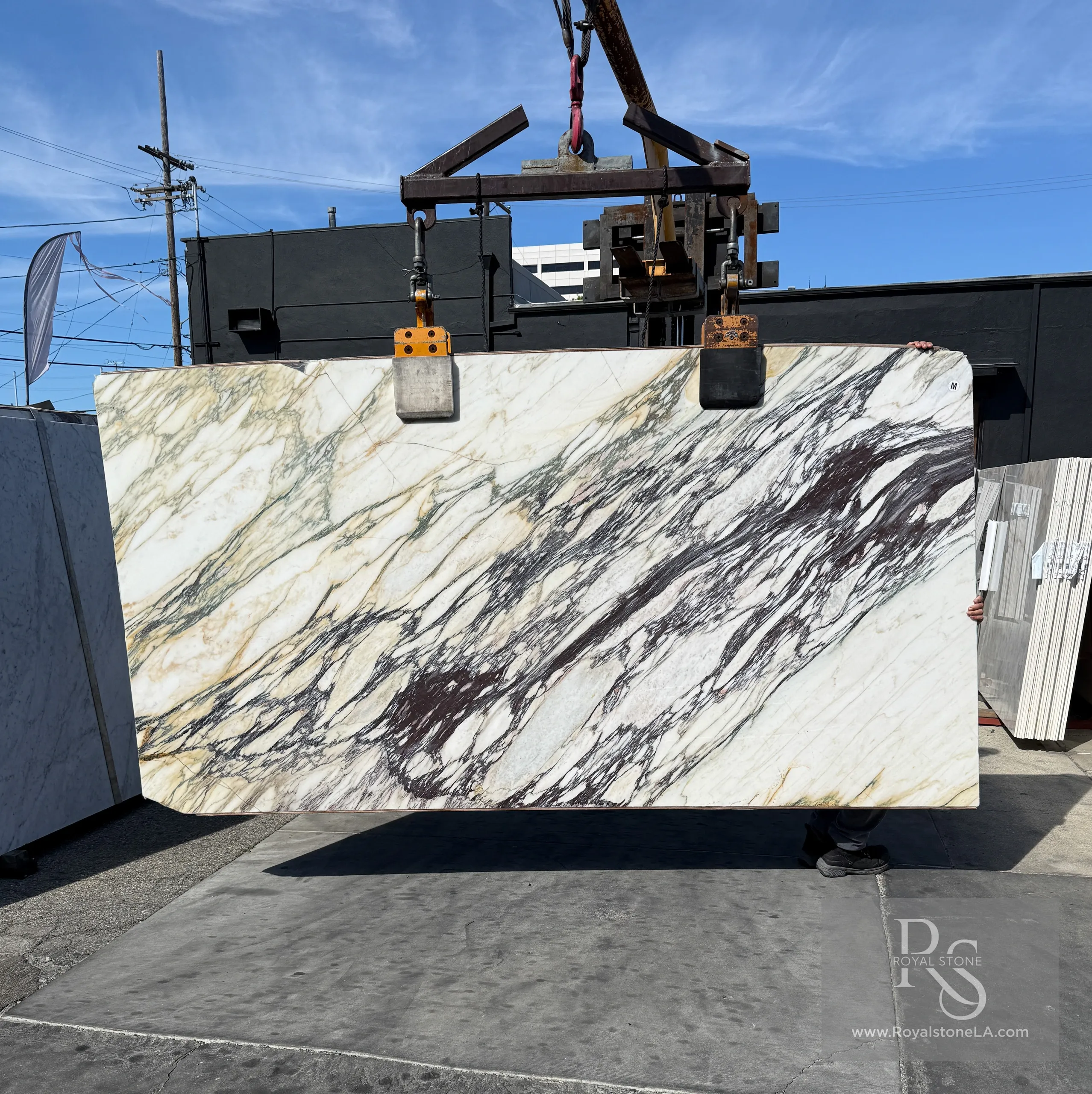 Calacatta Viola Monet Wow marble slab in honed finish, displaying violet-gray tonality with dramatic veining pattern