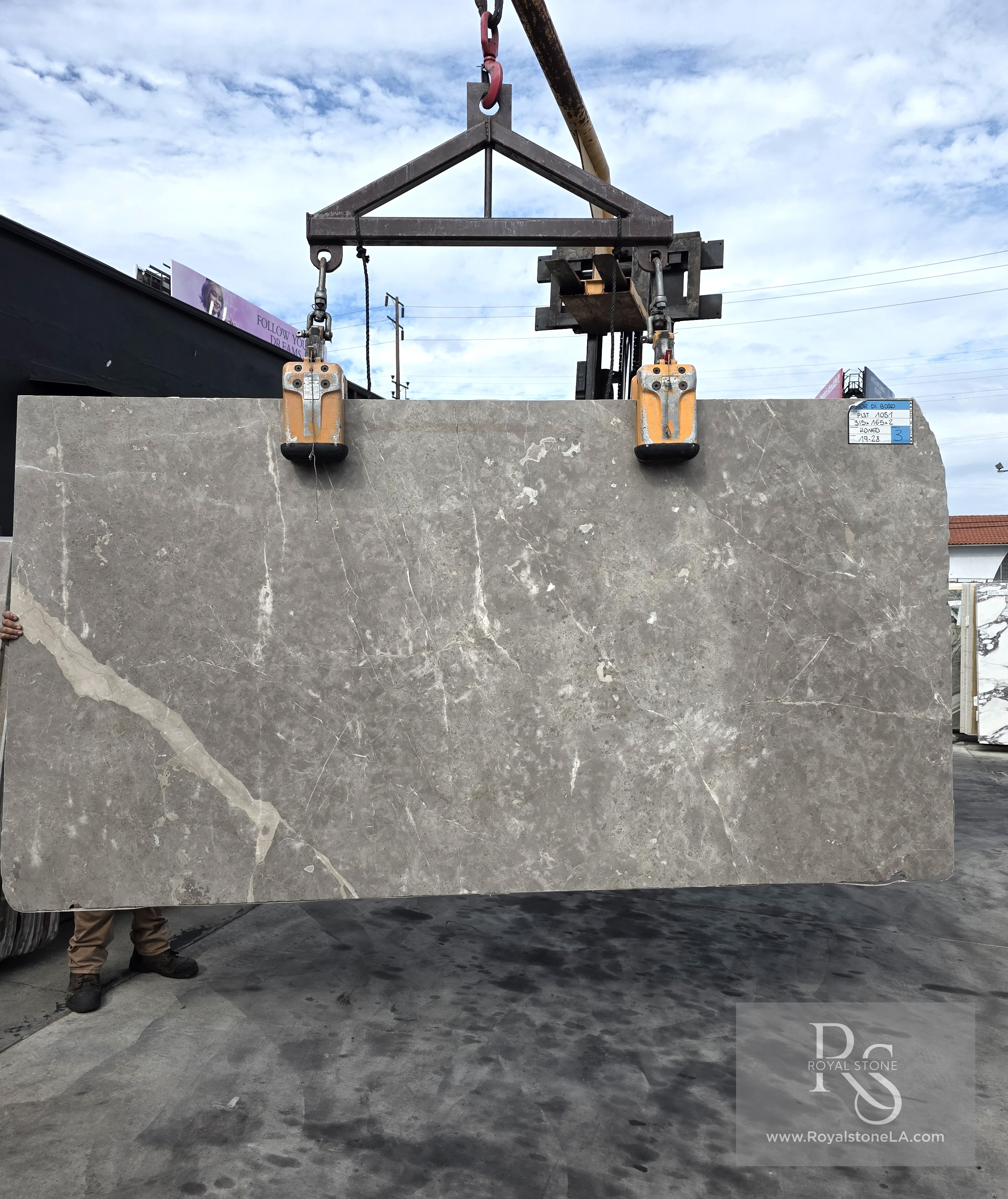 Fior di Bosco Taupe marble slab, Bronze Vena honed — soft taupe field with bronze veining, 65 by 122 inches