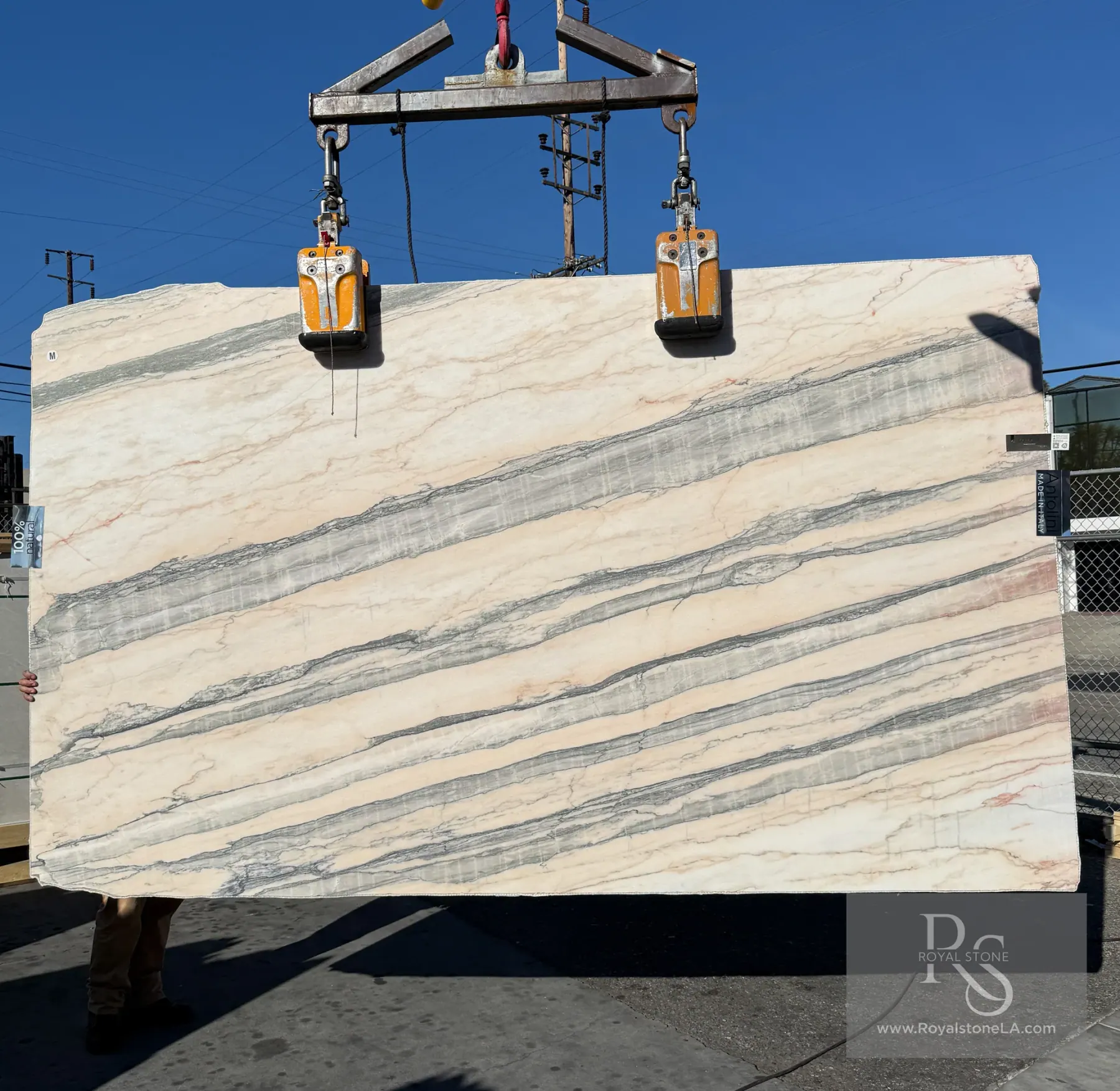 Antolini Rosa Aurora Estremoz Lineare Extra honed marble slab — peach field with horizontal grey banding, 76 by 126 inches