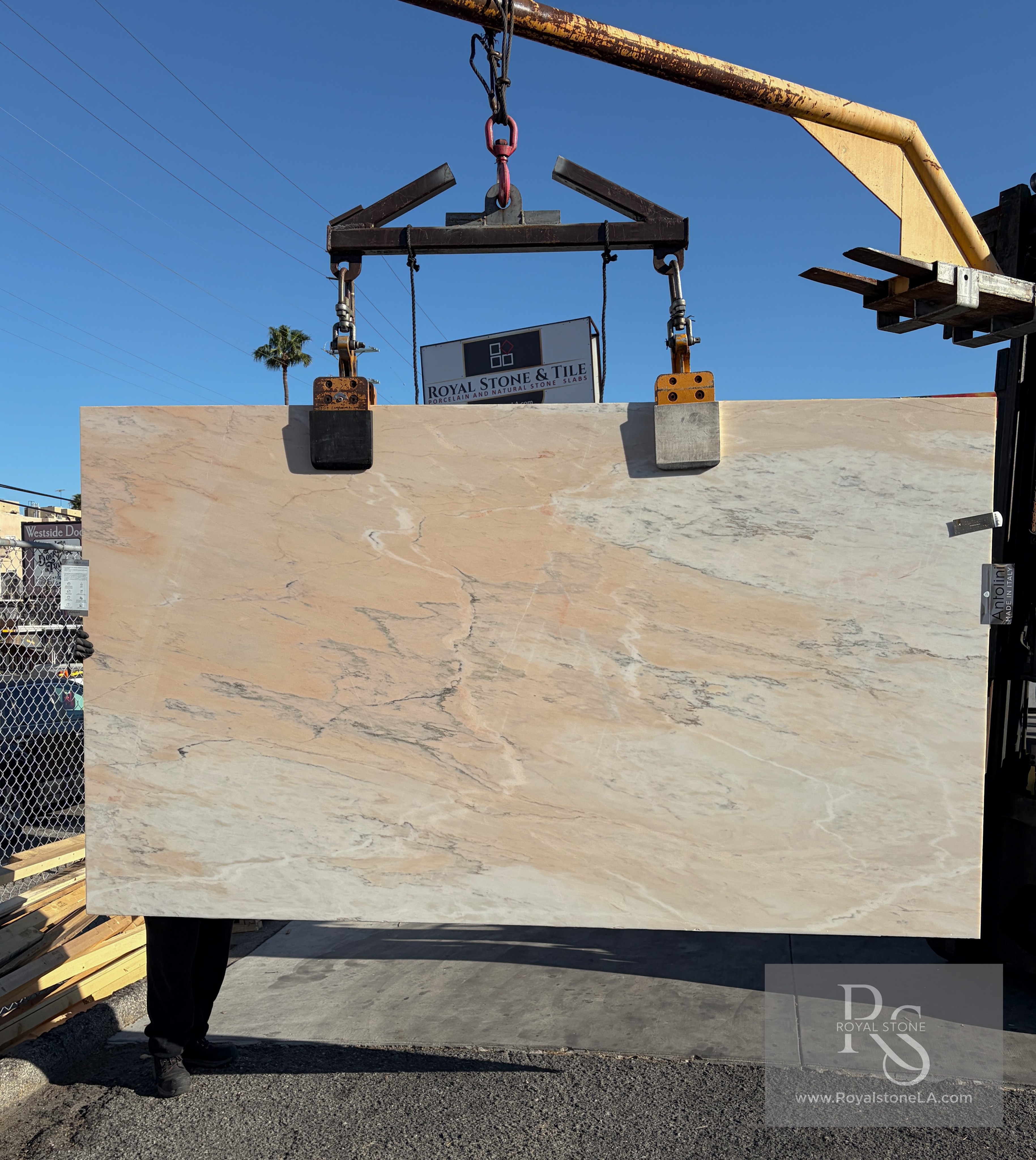 Antolini Rosa Aurora Portogallo Classic YG695 honed marble slab — soft cream and peach field with grey veining, 71 by 123 inches