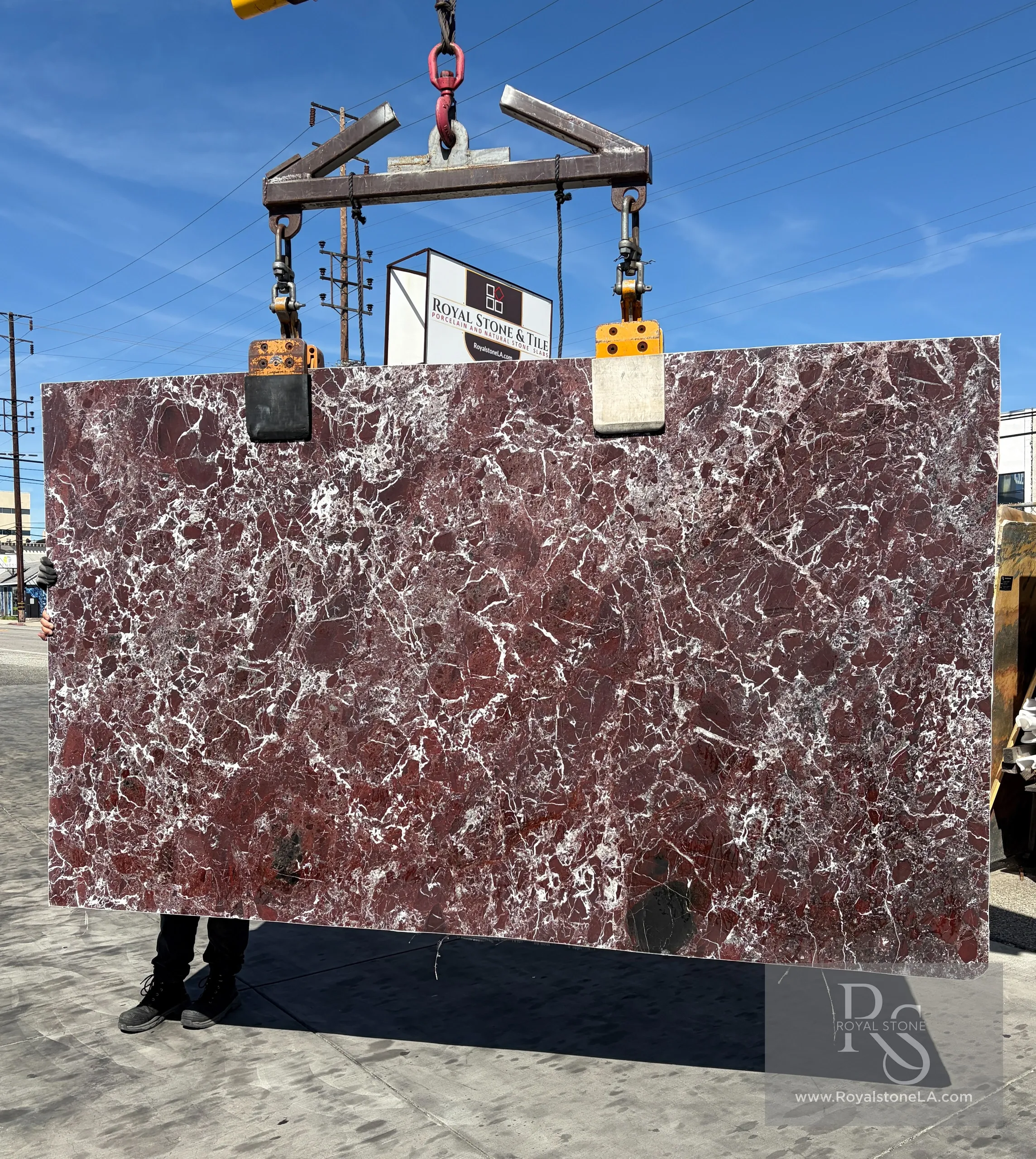 Rosso Levanto Select Grade Campolonghi honed marble slab showing deep red matrix with white calcite and green serpentine veining