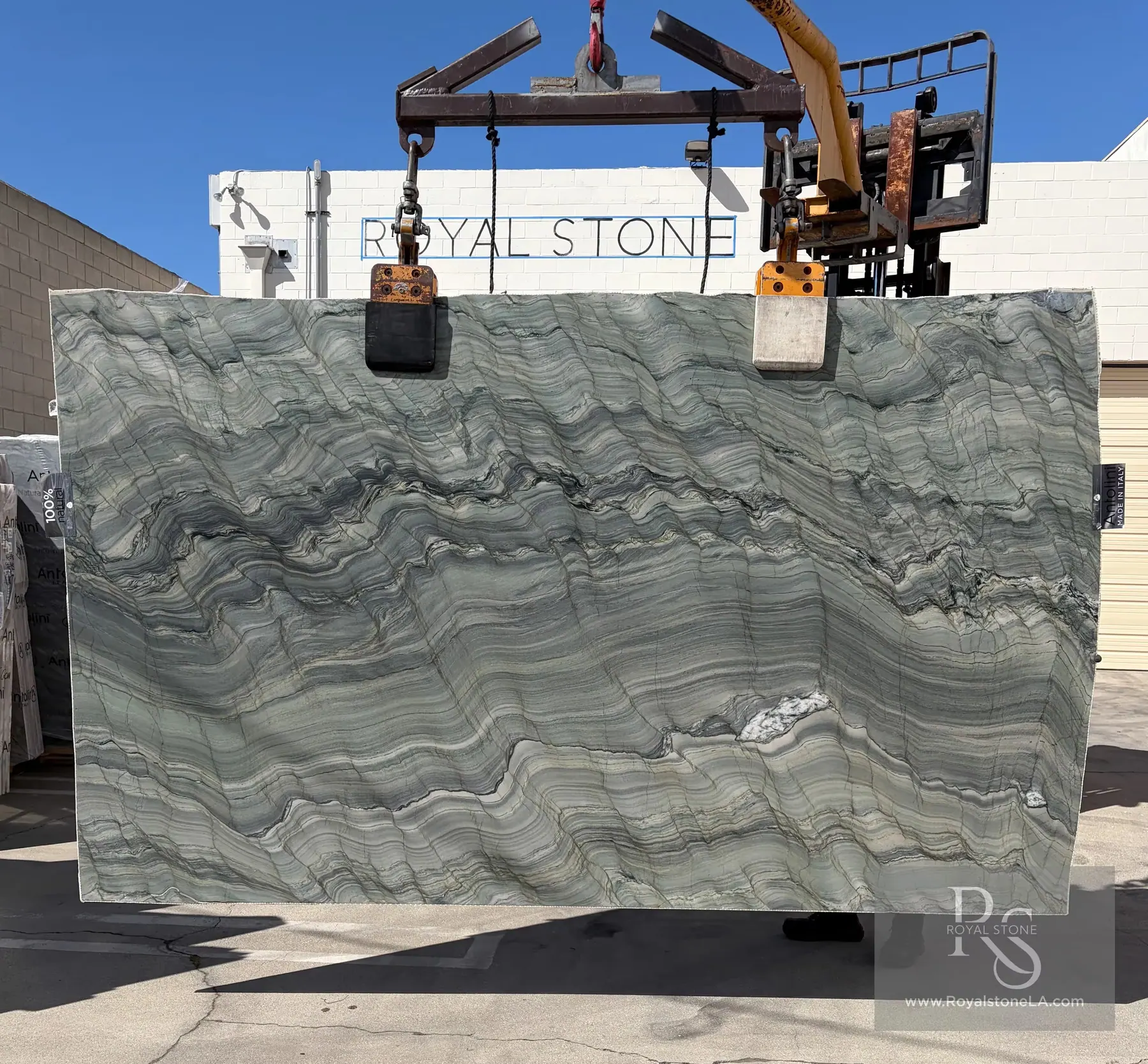 Royal Stone 90,000 square foot yard in West Los Angeles with the Antolini Fusion Green Wow quartzite slab