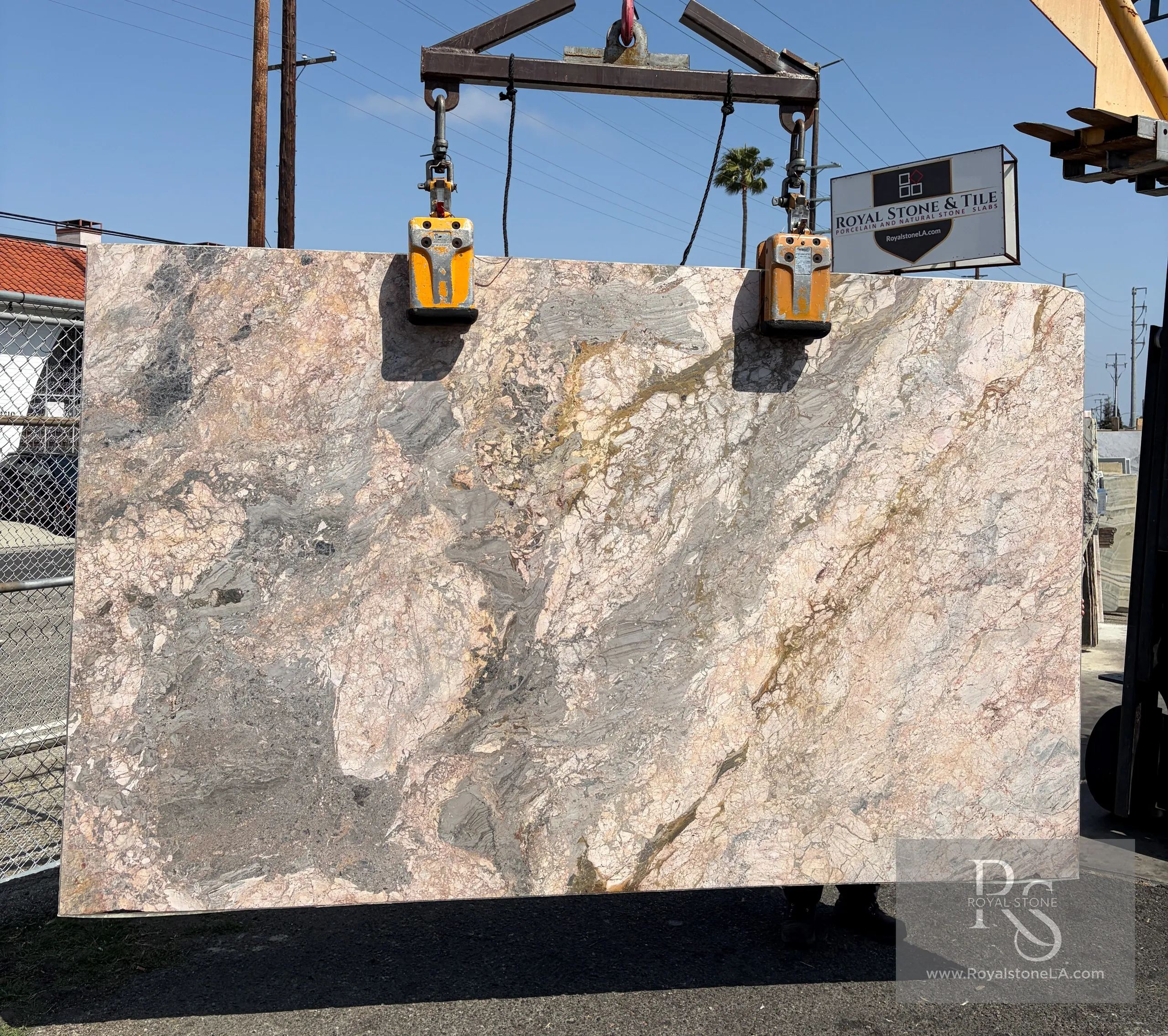 2cm Ceppo Viola Cosmo Honed Finish Marble Slab with brecciated grey, beige, and violet tones with golden veining, 74 inches by 122 inches