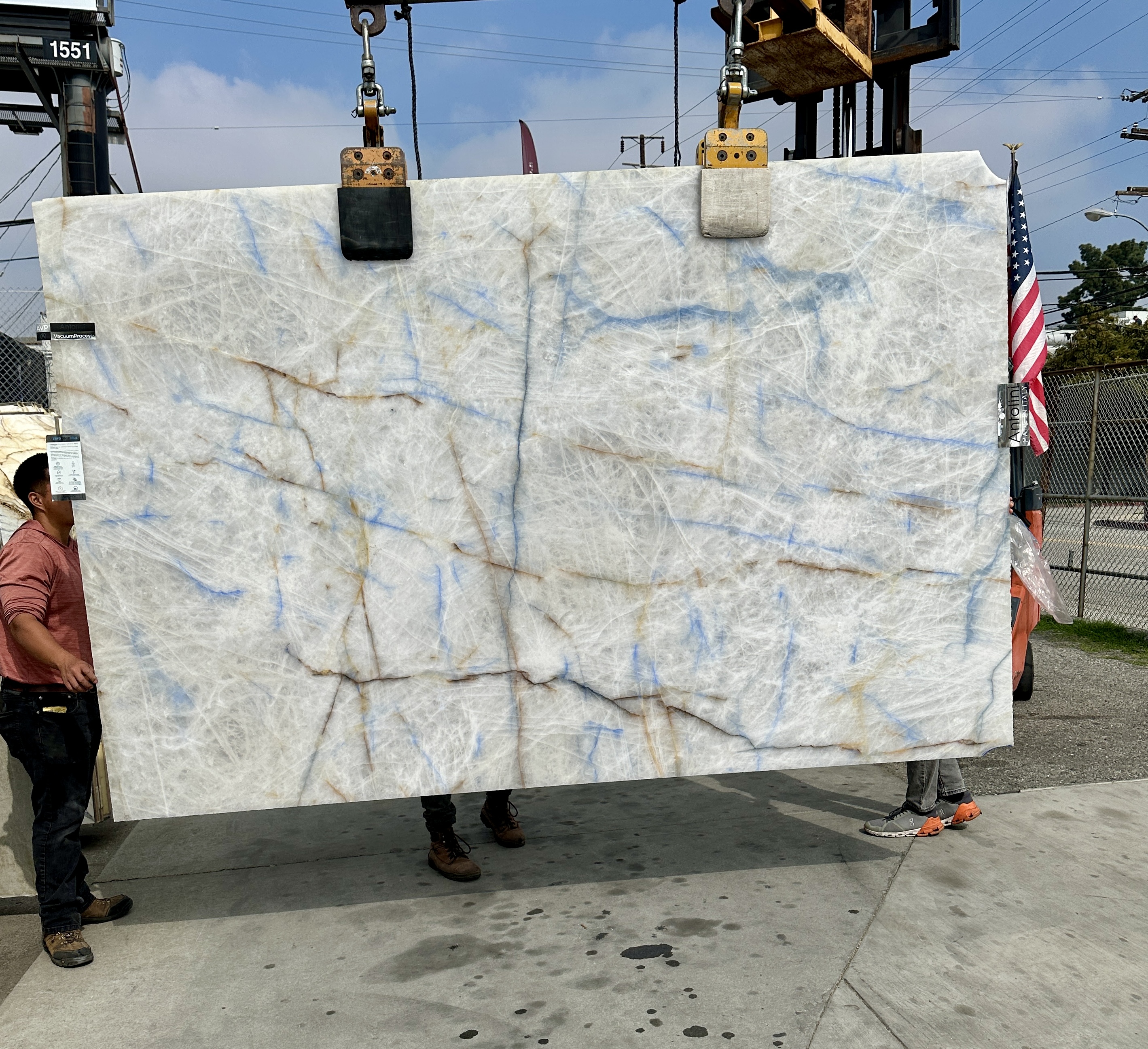 Antolini Cristallo Cobalt Blue Zaffiro polished translucent quartzite slab in daylight at Royal Stone Los Angeles