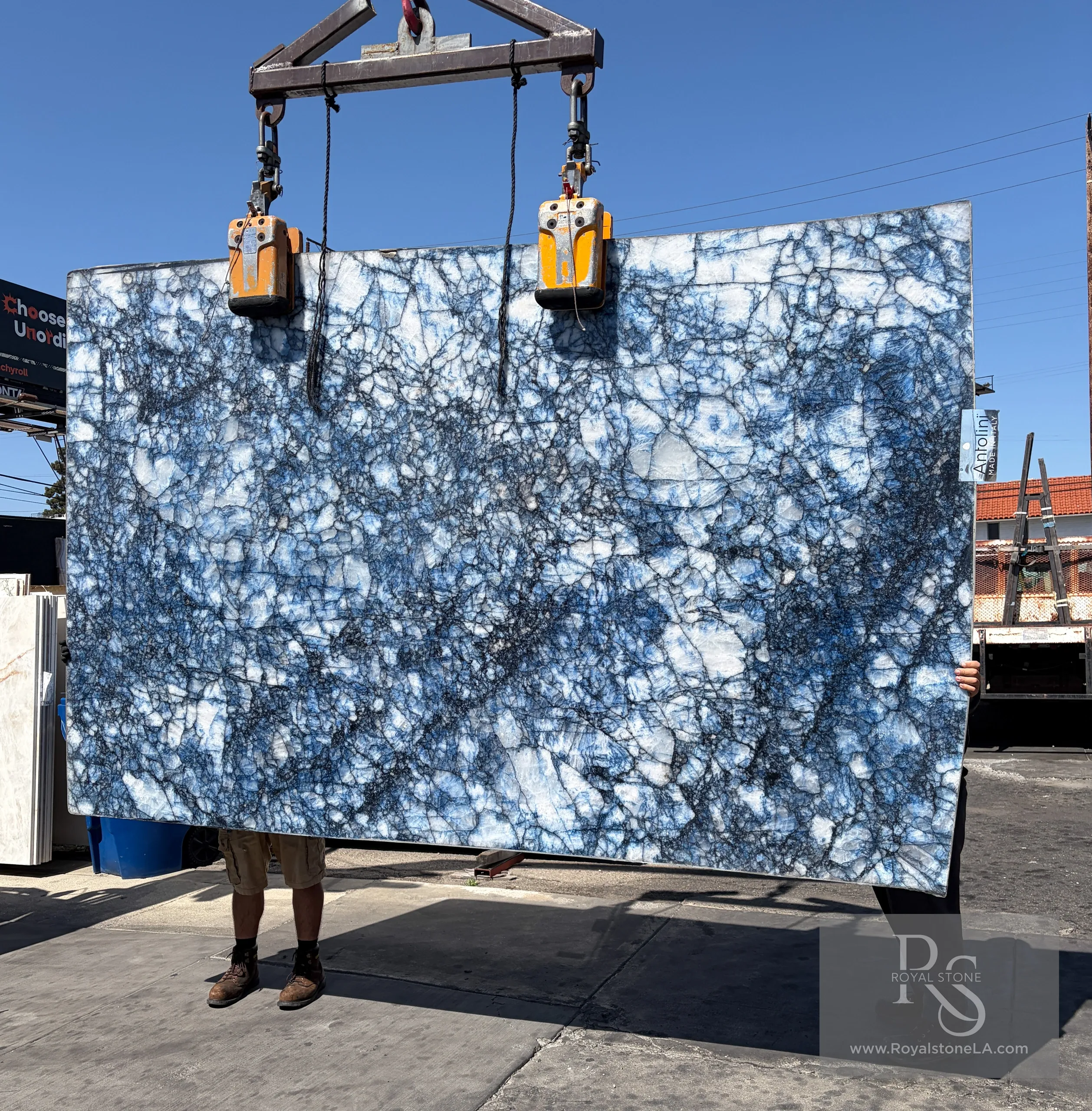 2cm Antolini Cristallo Cobalt Blue Zaffiro with translucent white base and vivid cobalt blue veining in treated polished finish