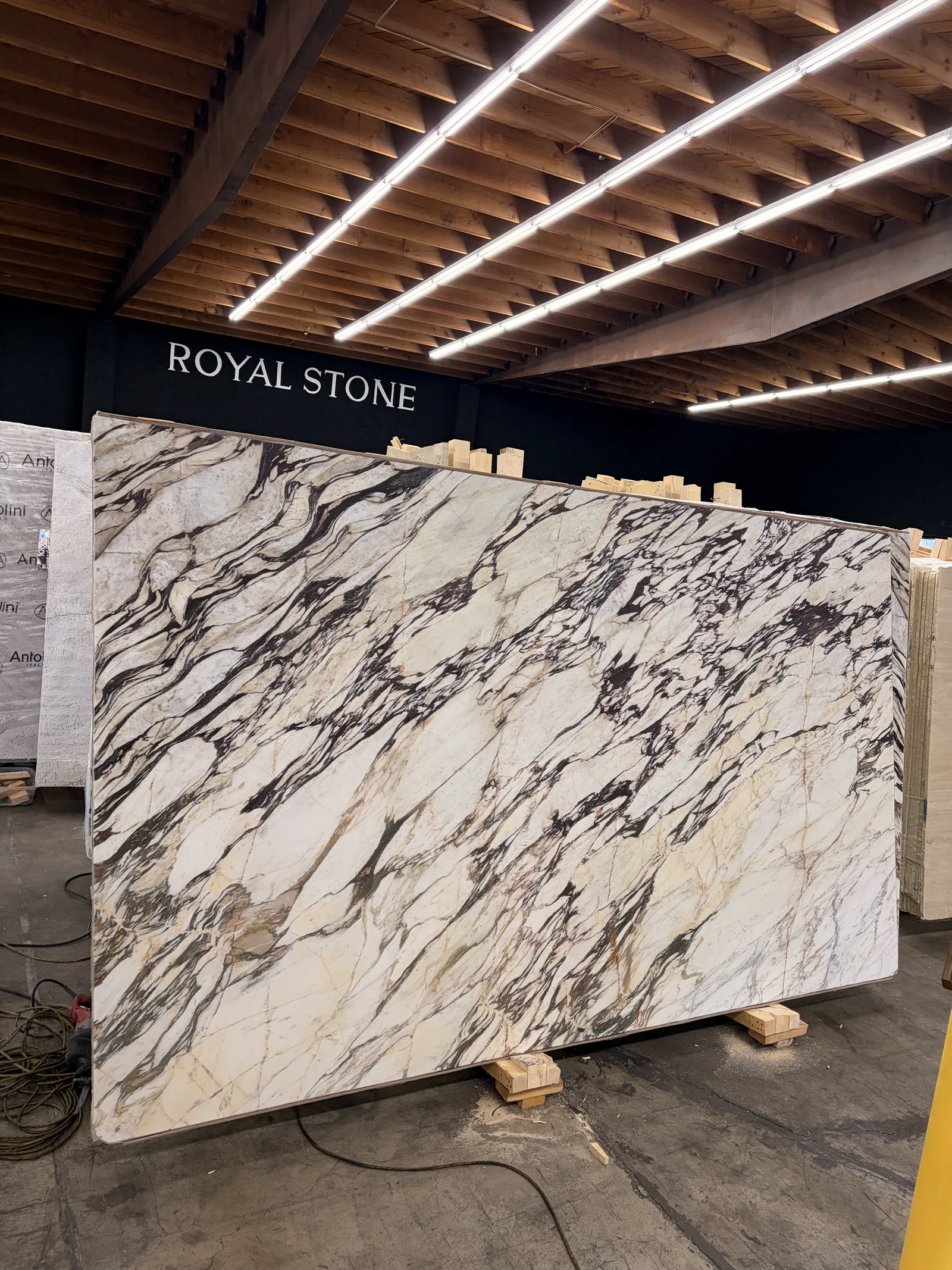 Super Calacatta Viola MAN4922 honed marble slab displayed at the Royal Stone yard in Los Angeles