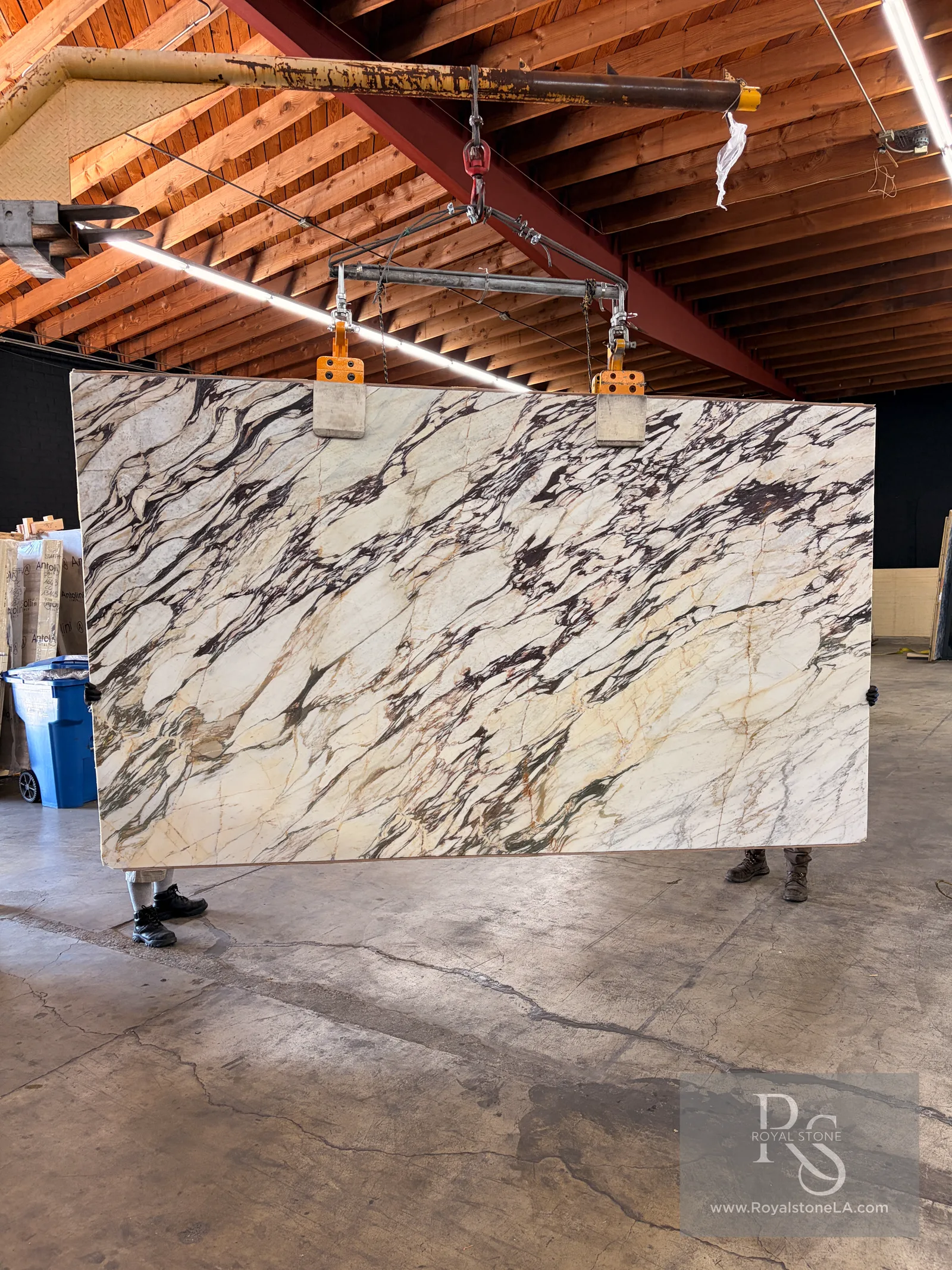 Super Calacatta Viola MAN4922 honed marble slab, 80 by 134 inches, newly arrived at the Royal Stone yard in Los Angeles