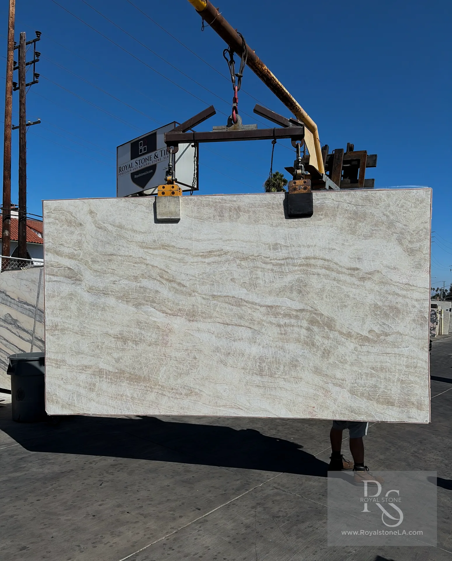 2cm Taj Mahal Super Select Bassi 8831 honed quartzite slab, 77 by 134 inches, lifted at the Royal Stone yard in Los Angeles