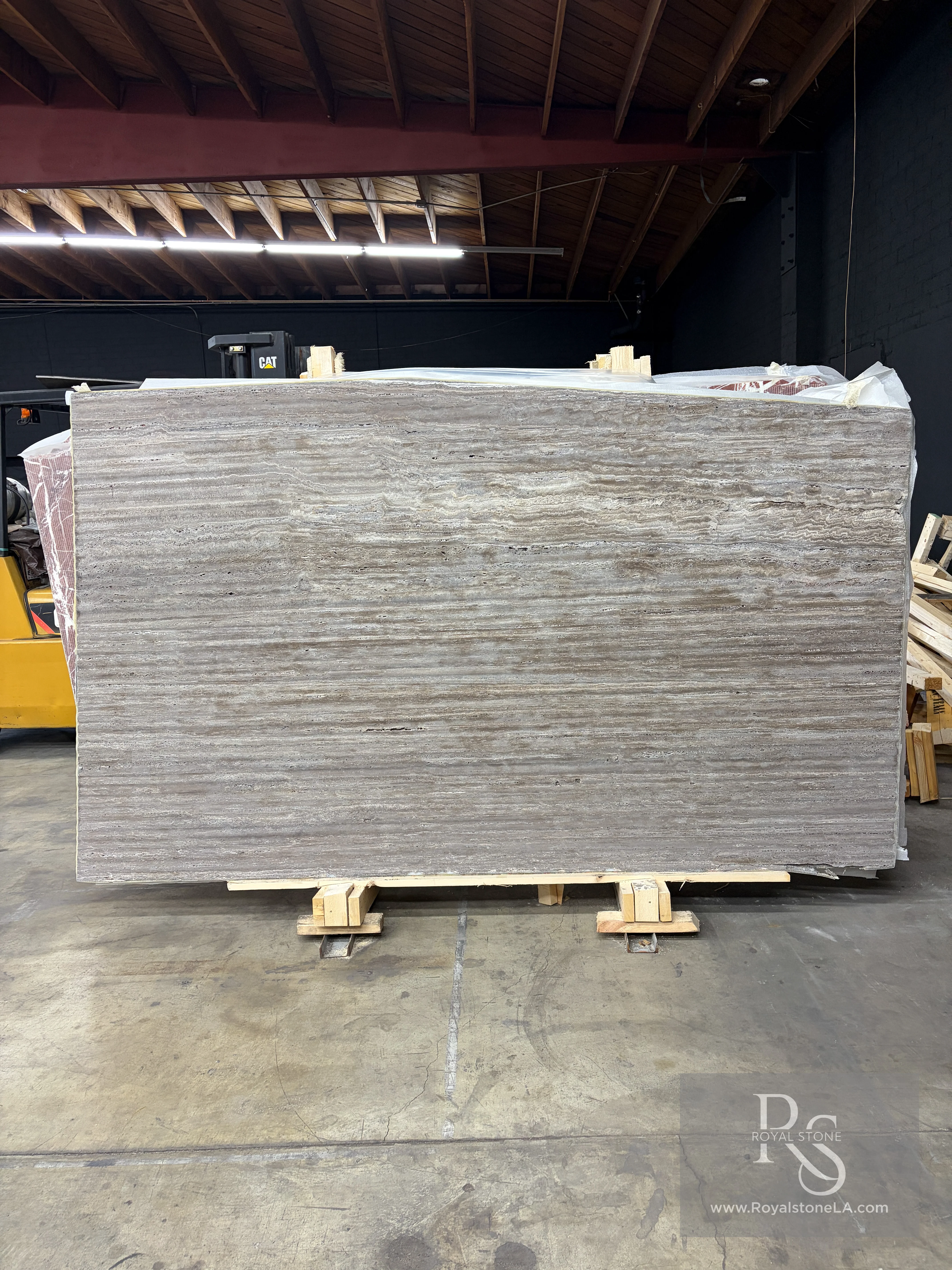 2cm Titanium Brown travertine slab, vein cut, TEND 3D ribbed finish, in warm smoky brown